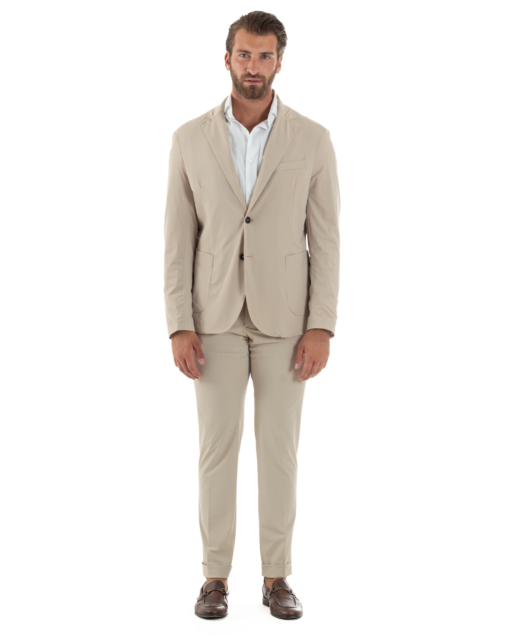 Abito Uomo Monopetto Completo Antivento Con Cappuccio E Pettorina Removibile Vestito No Stiro Giacca Pantaloni Casual Elegante Beige GIOSAL-AE1134A
