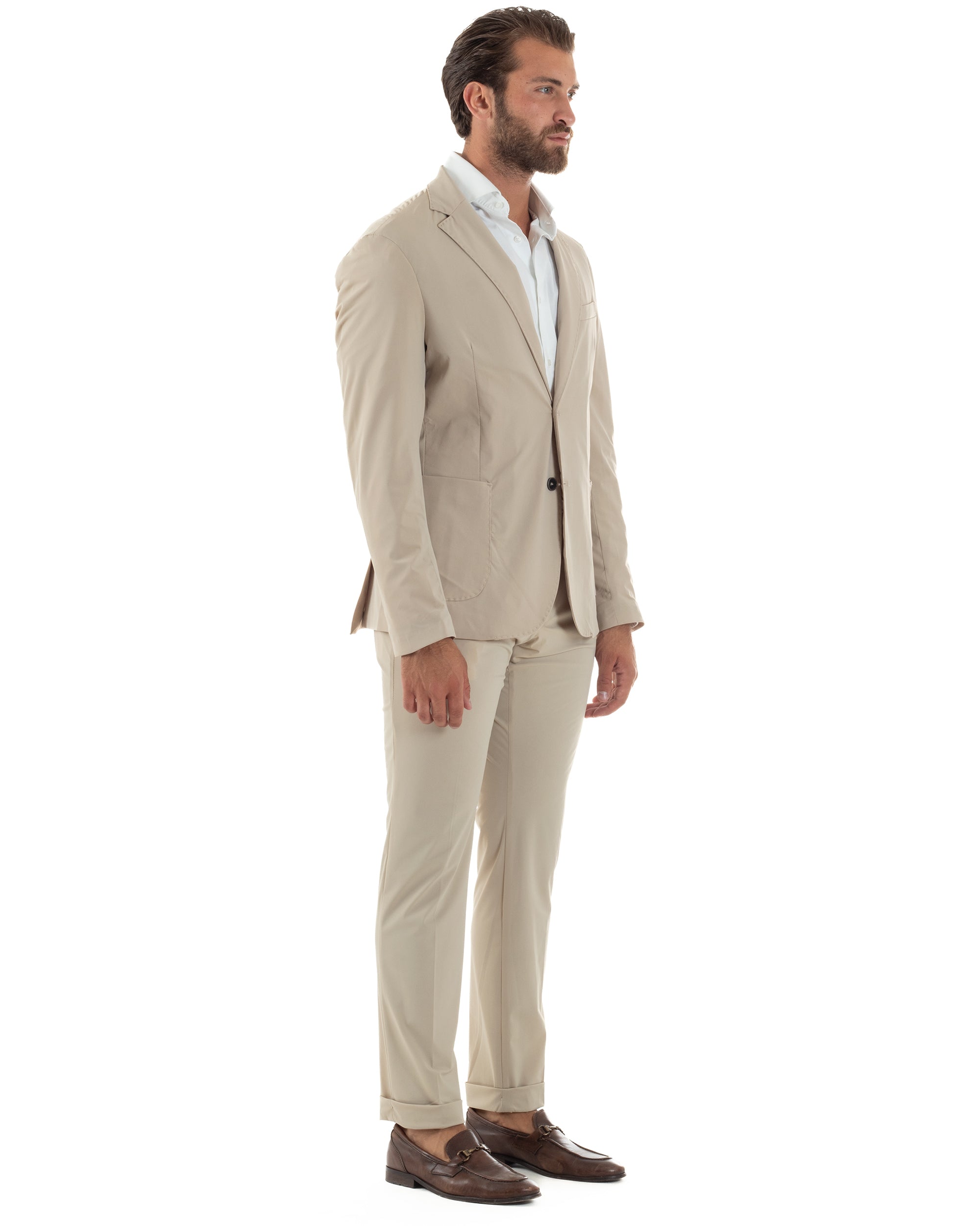 Abito Uomo Monopetto Completo Antivento Con Cappuccio E Pettorina Removibile Vestito No Stiro Giacca Pantaloni Casual Elegante Beige GIOSAL-AE1134A