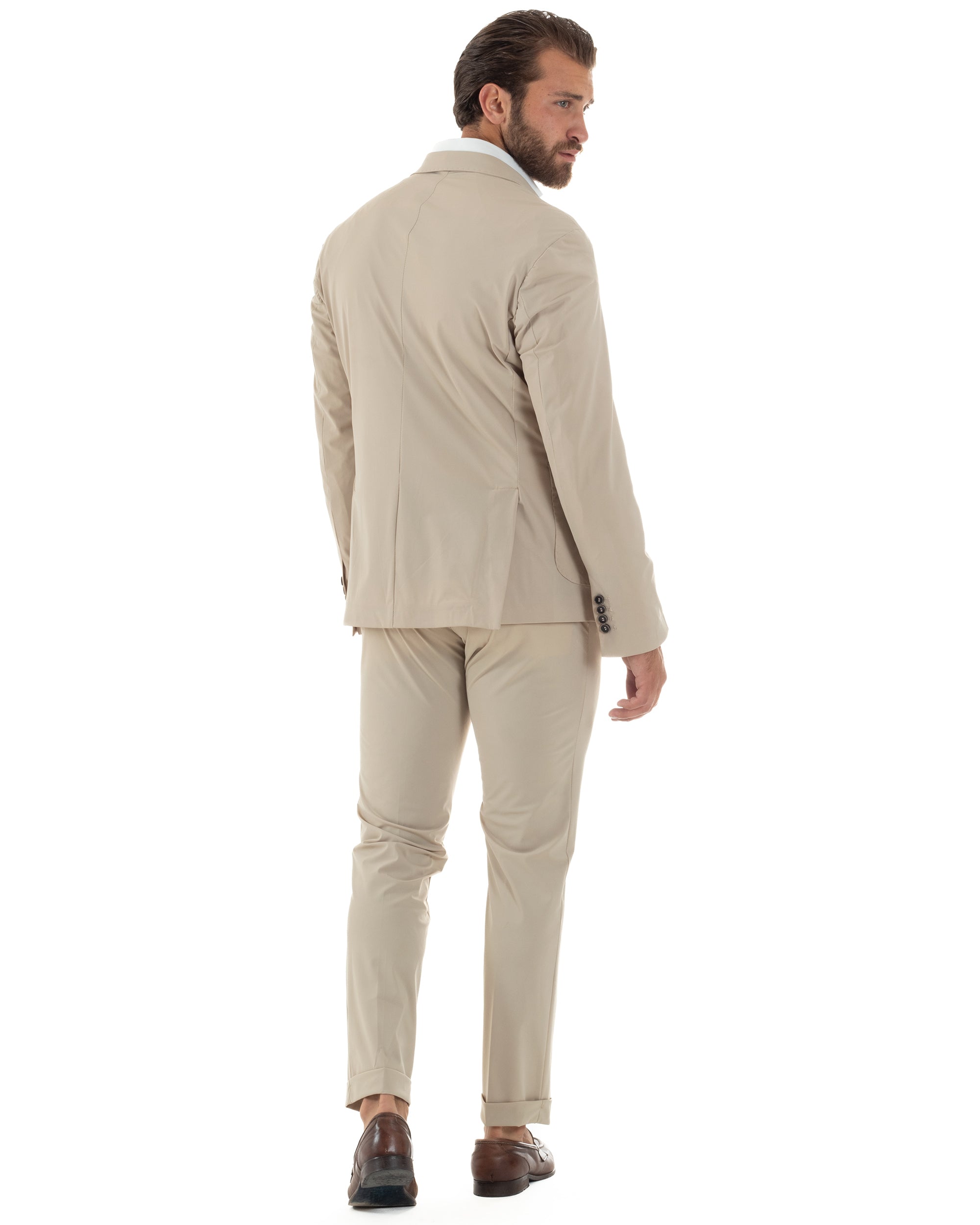 Abito Uomo Monopetto Completo Antivento Con Cappuccio E Pettorina Removibile Vestito No Stiro Giacca Pantaloni Casual Elegante Beige GIOSAL-AE1134A
