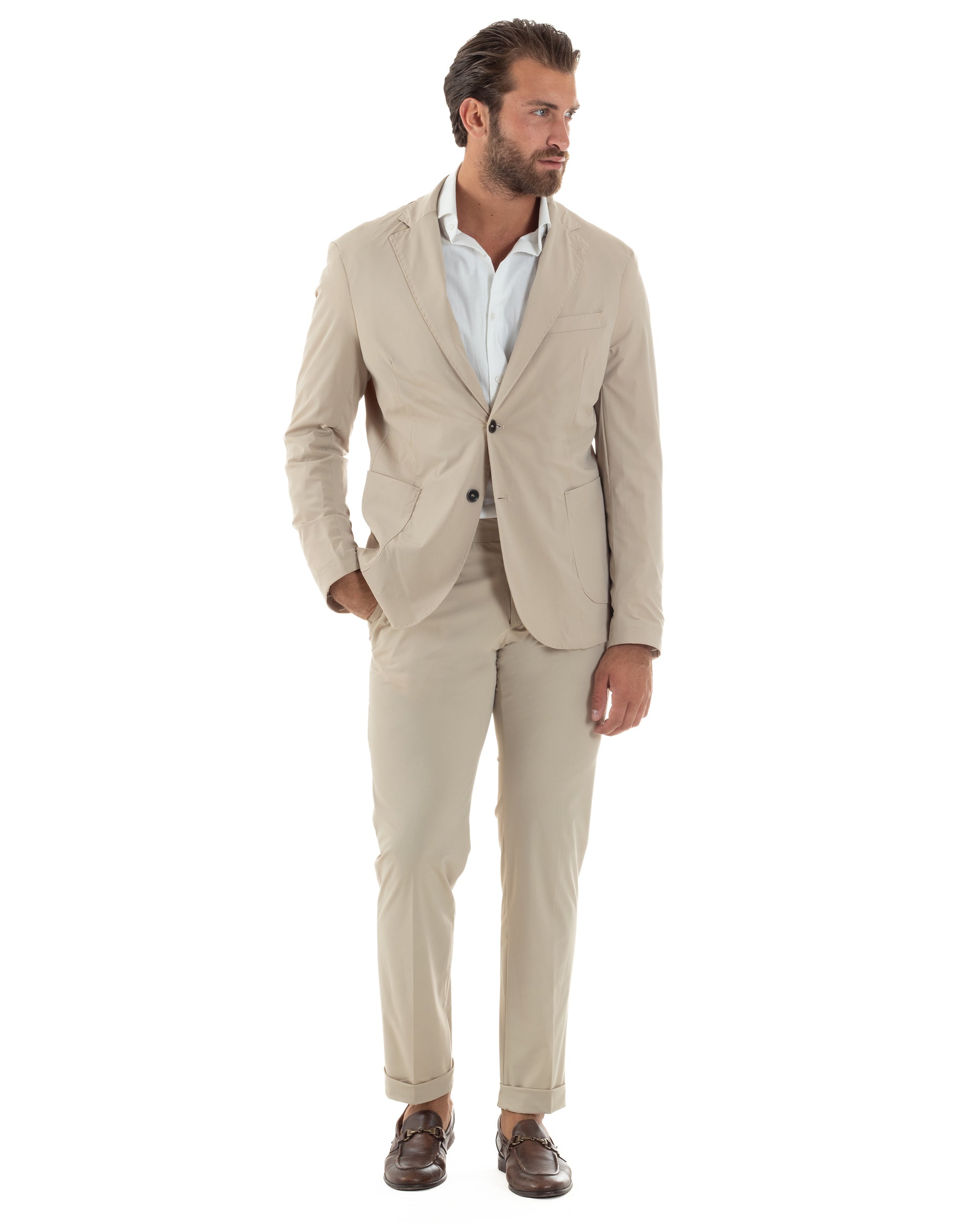 Abito Uomo Monopetto Completo Antivento Con Cappuccio E Pettorina Removibile Vestito No Stiro Giacca Pantaloni Casual Elegante Beige GIOSAL-AE1134A