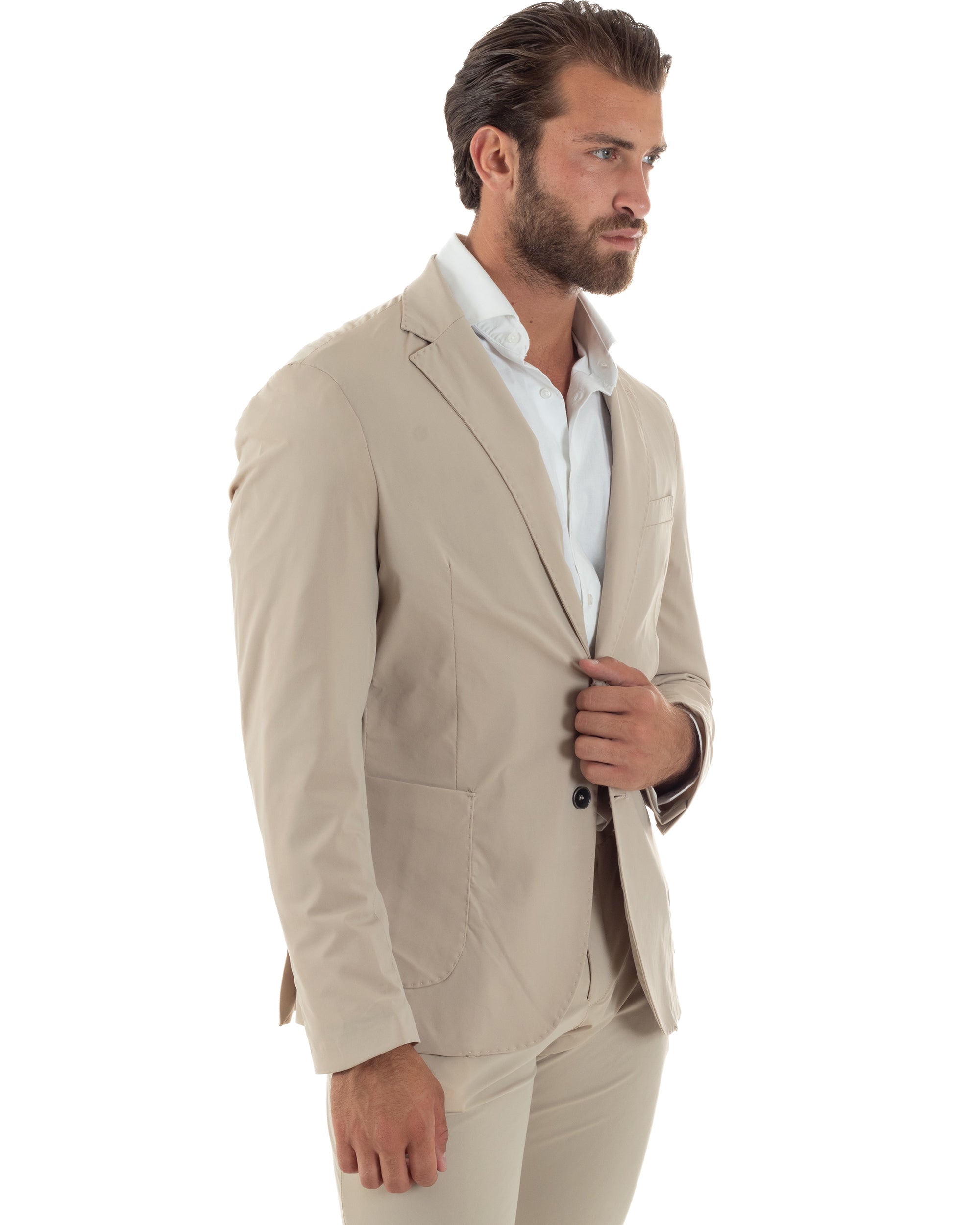 Abito Uomo Monopetto Completo Antivento Con Cappuccio E Pettorina Removibile Vestito No Stiro Giacca Pantaloni Casual Elegante Beige GIOSAL-AE1134A