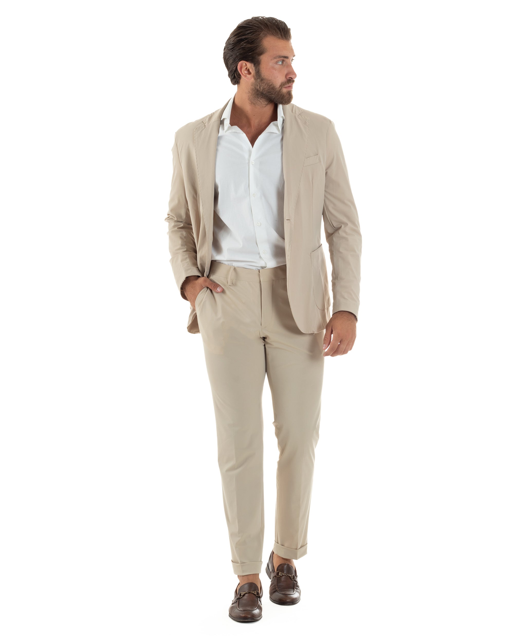 Abito Uomo Monopetto Completo Antivento Con Cappuccio E Pettorina Removibile Vestito No Stiro Giacca Pantaloni Casual Elegante Beige GIOSAL-AE1134A