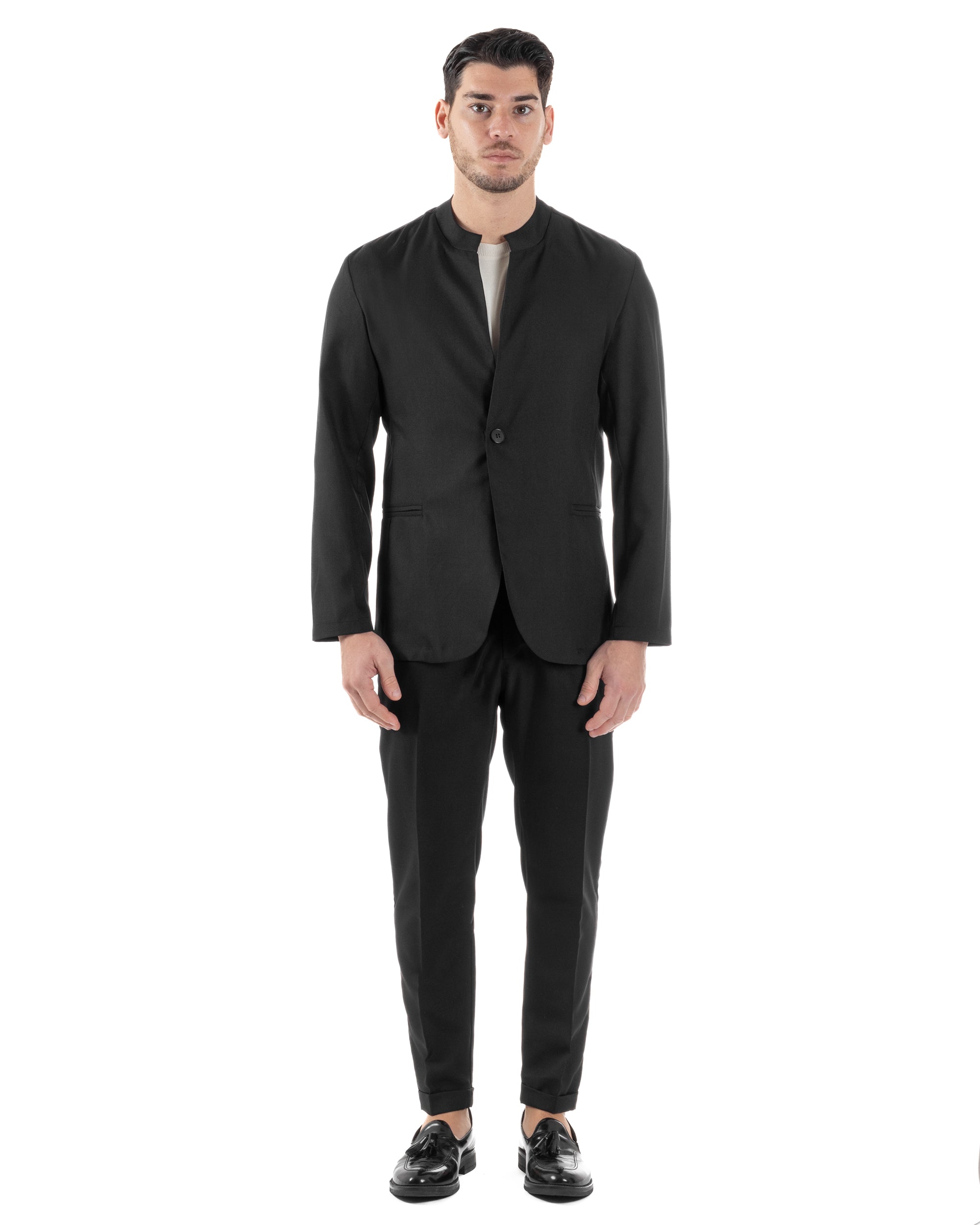 Abito Uomo Monopetto Strutturato Vestito Casual Completo Giacca Coreana Pantaloni Con Abbottonatura Allungata Nero GIOSAL-AE1135A