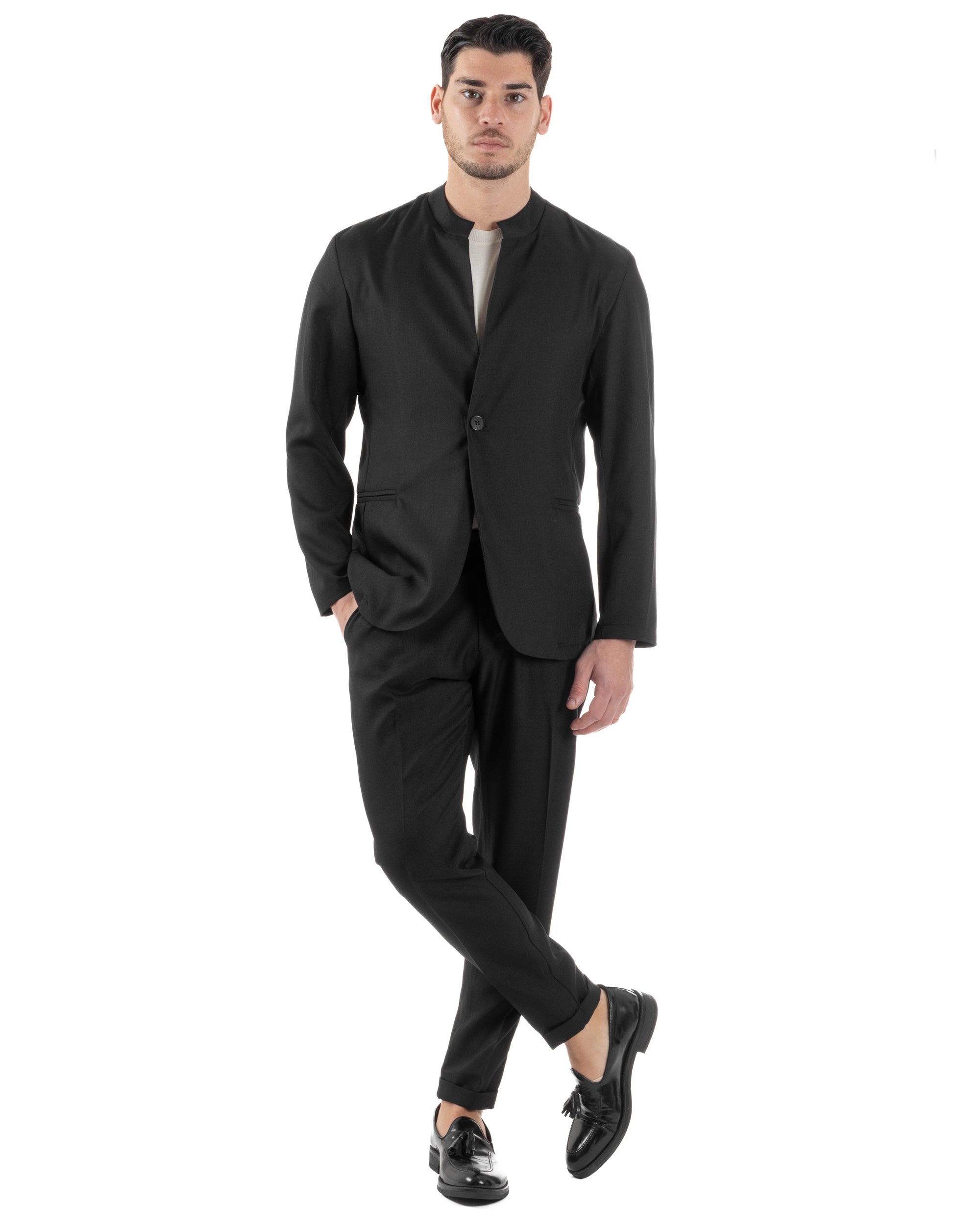Abito Uomo Monopetto Strutturato Vestito Casual Completo Giacca Coreana Pantaloni Con Abbottonatura Allungata Nero GIOSAL-AE1135A