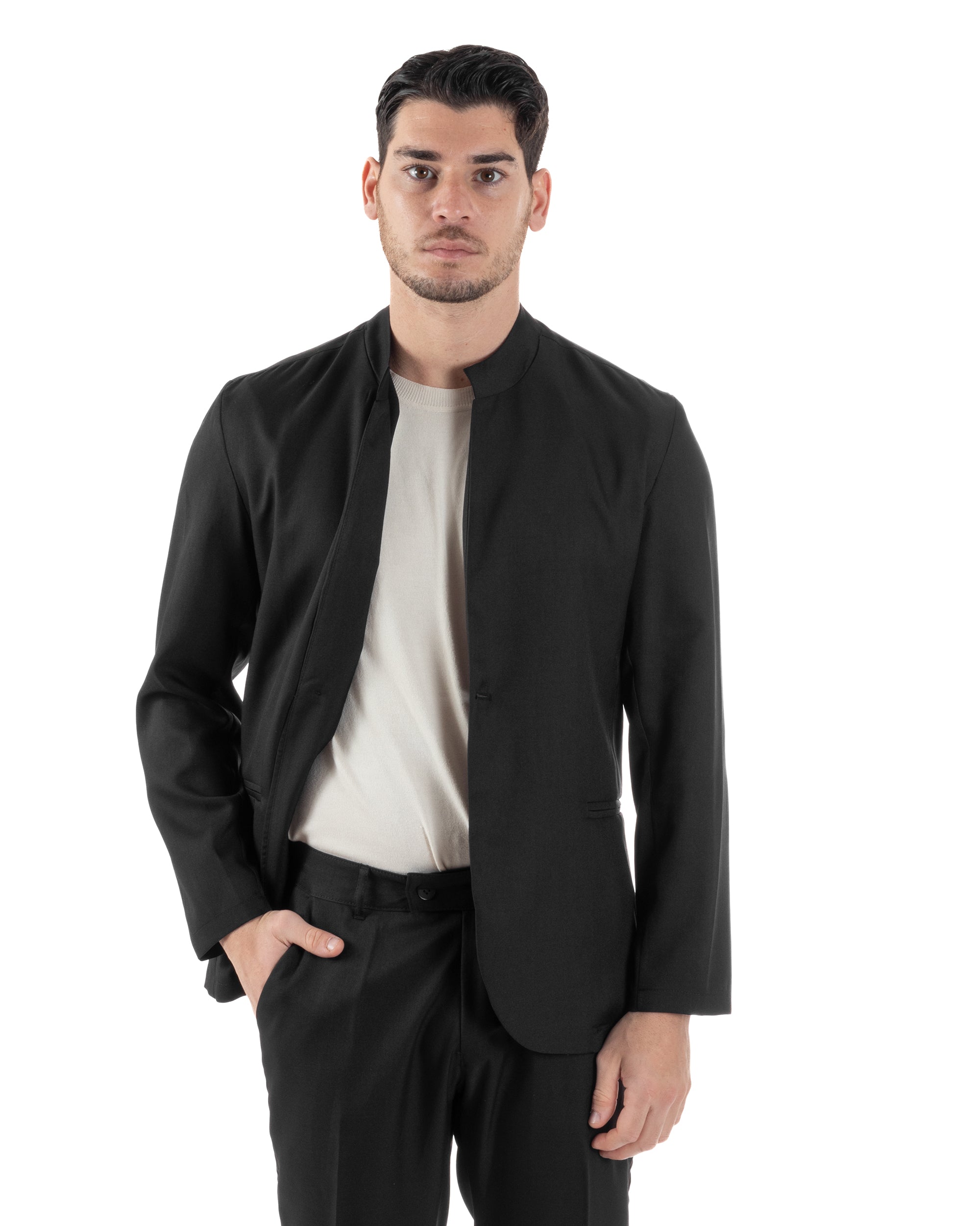 Abito Uomo Monopetto Strutturato Vestito Casual Completo Giacca Coreana Pantaloni Con Abbottonatura Allungata Nero GIOSAL-AE1135A