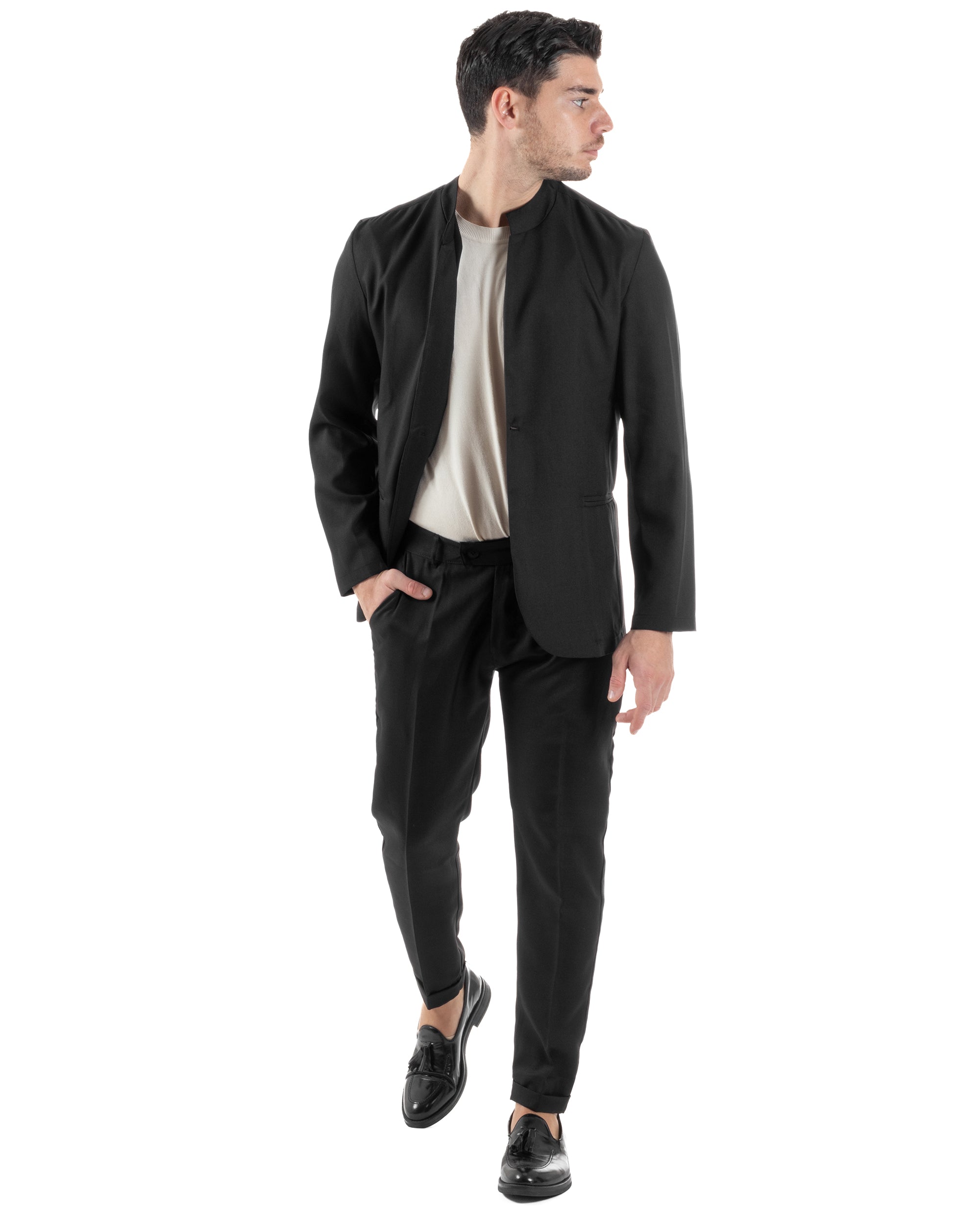 Abito Uomo Monopetto Strutturato Vestito Casual Completo Giacca Coreana Pantaloni Con Abbottonatura Allungata Nero GIOSAL-AE1135A