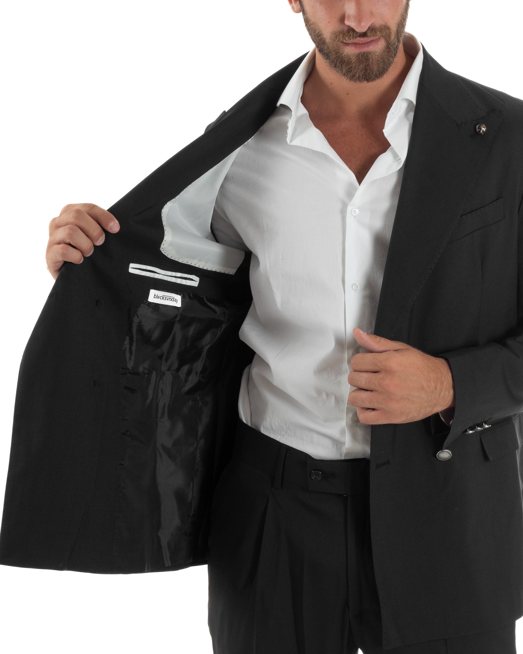 Abito Uomo Doppiopetto Bottoni In Metallo Completo Sartoriale Vestito Elegante Giacca Rever A Lancia Pantaloni Con Pinces Casual Nero GIOSAL-AE1138A