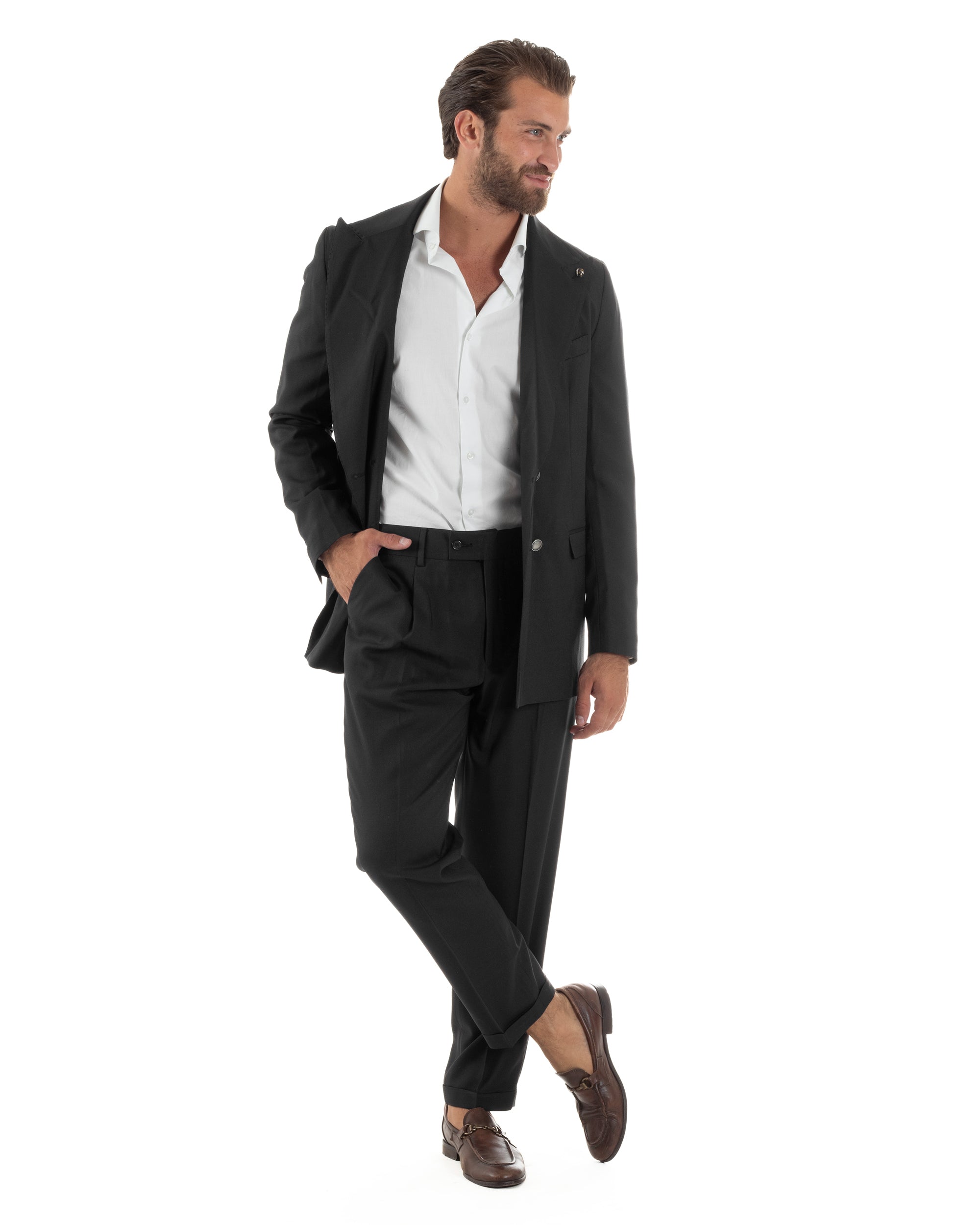 Abito Uomo Doppiopetto Bottoni In Metallo Completo Sartoriale Vestito Elegante Giacca Rever A Lancia Pantaloni Con Pinces Casual Nero GIOSAL-AE1138A
