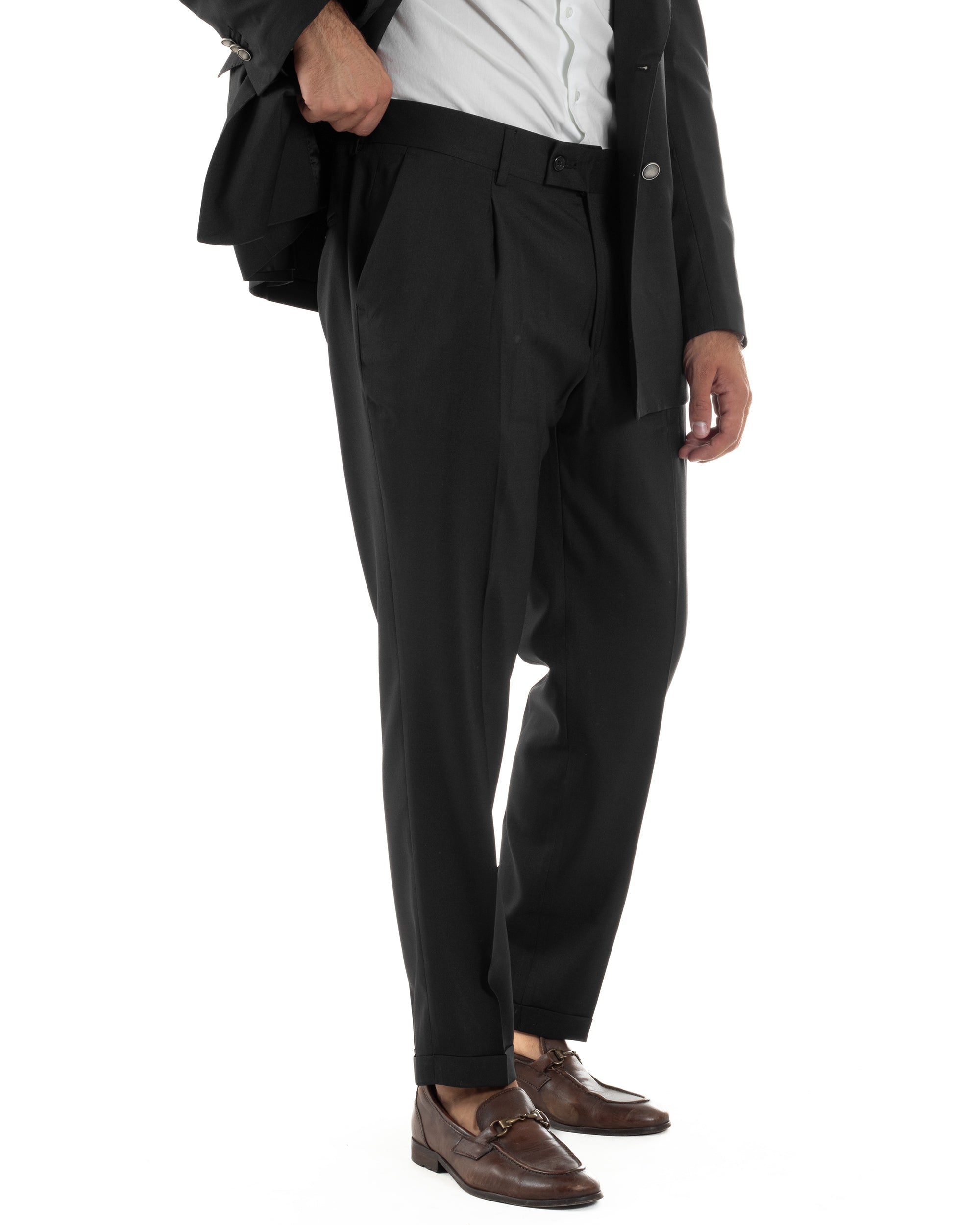 Abito Uomo Doppiopetto Bottoni In Metallo Completo Sartoriale Vestito Elegante Giacca Rever A Lancia Pantaloni Con Pinces Casual Nero GIOSAL-AE1138A