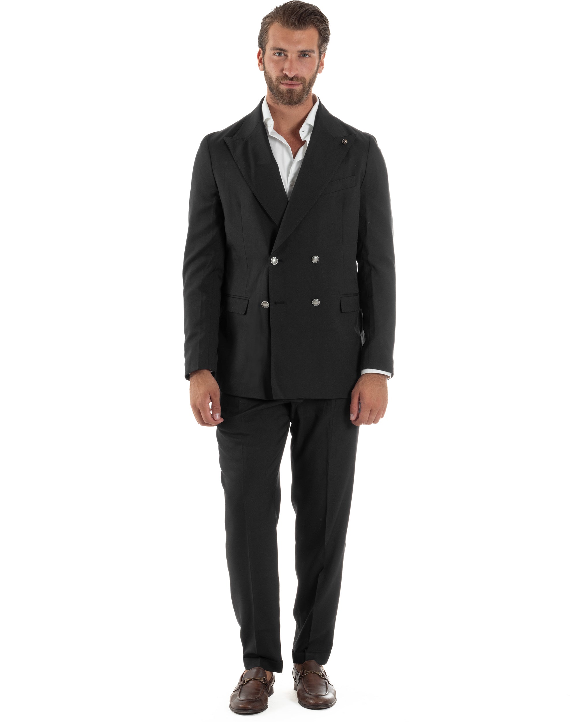 Abito Uomo Doppiopetto Bottoni In Metallo Completo Sartoriale Vestito Elegante Giacca Rever A Lancia Pantaloni Con Pinces Casual Nero GIOSAL-AE1138A