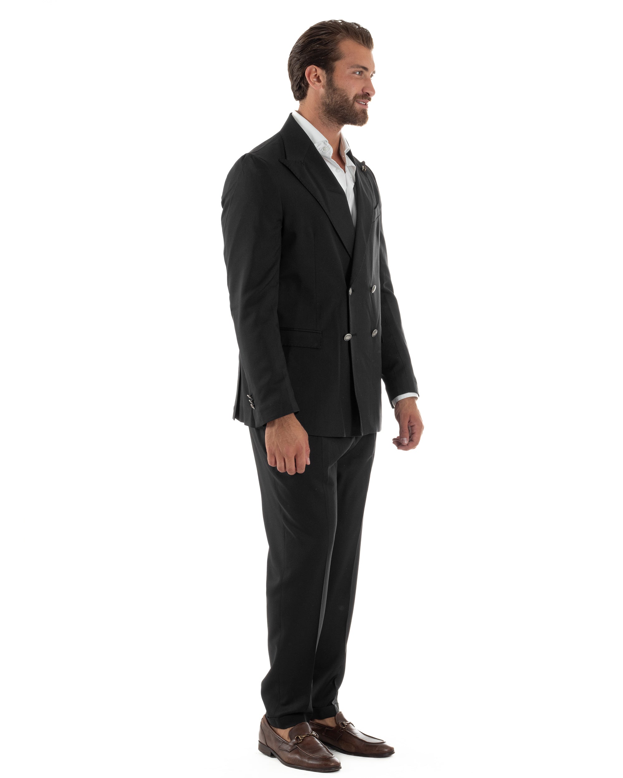 Abito Uomo Doppiopetto Bottoni In Metallo Completo Sartoriale Vestito Elegante Giacca Rever A Lancia Pantaloni Con Pinces Casual Nero GIOSAL-AE1138A