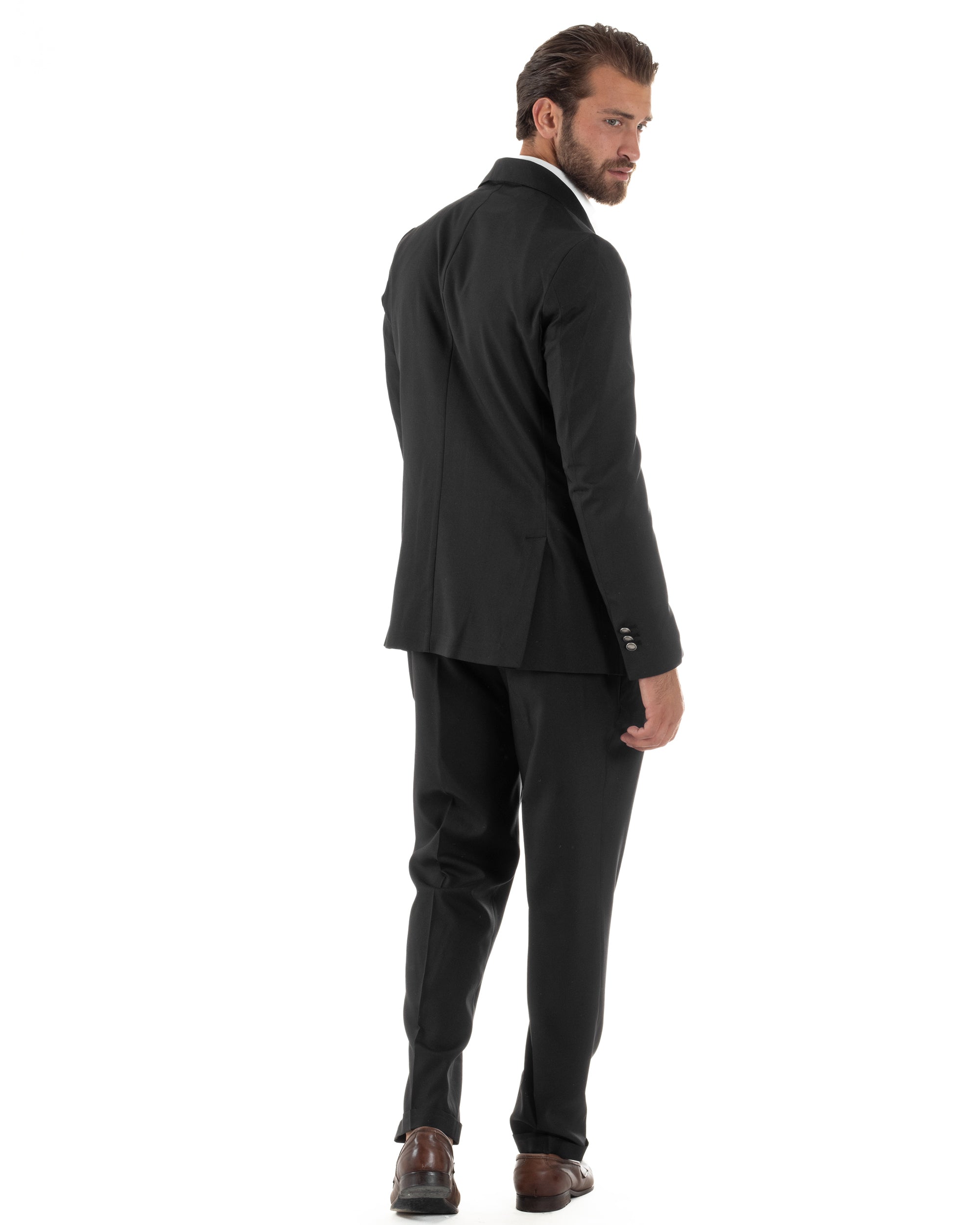 Abito Uomo Doppiopetto Bottoni In Metallo Completo Sartoriale Vestito Elegante Giacca Rever A Lancia Pantaloni Con Pinces Casual Nero GIOSAL-AE1138A
