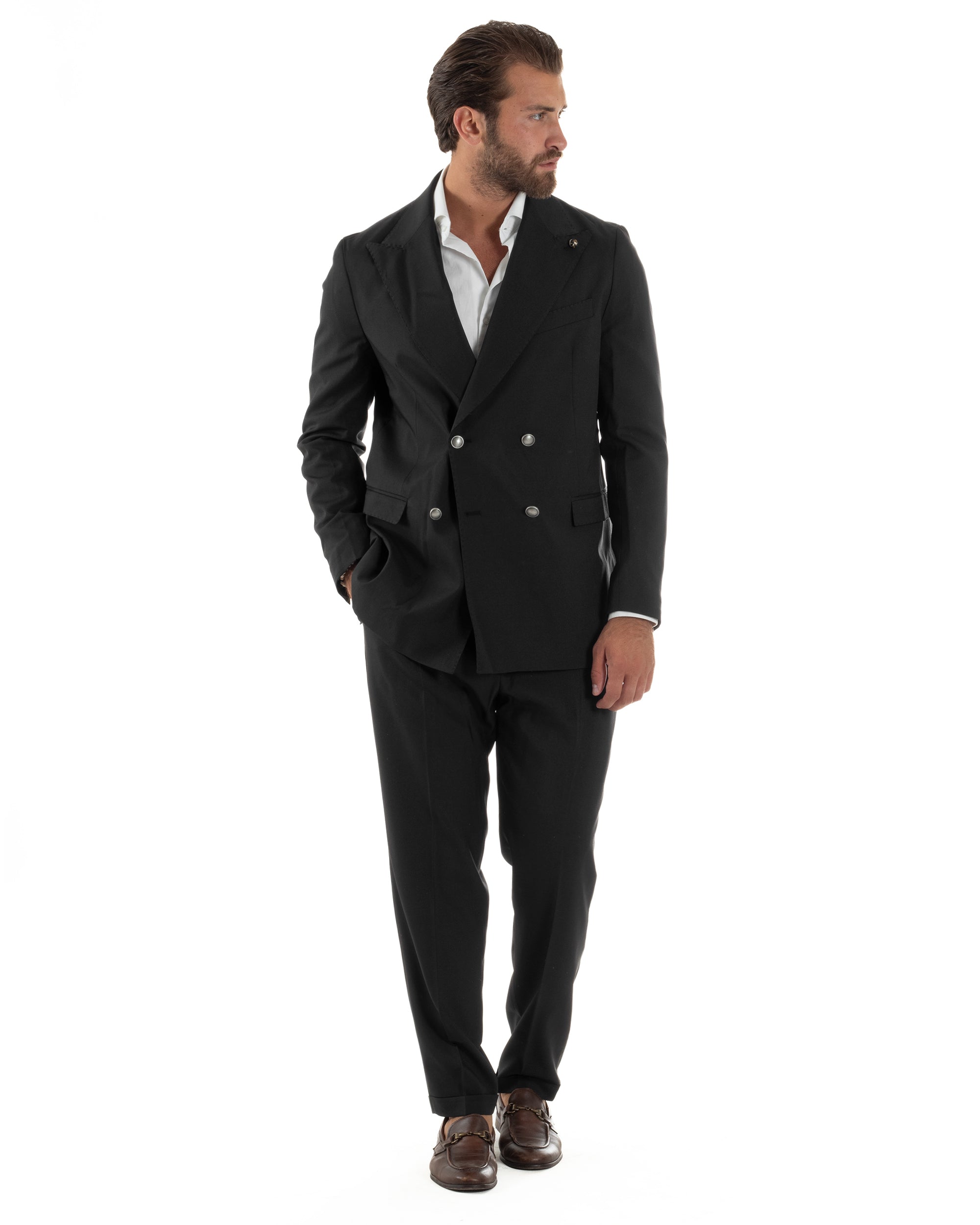 Abito Uomo Doppiopetto Bottoni In Metallo Completo Sartoriale Vestito Elegante Giacca Rever A Lancia Pantaloni Con Pinces Casual Nero GIOSAL-AE1138A
