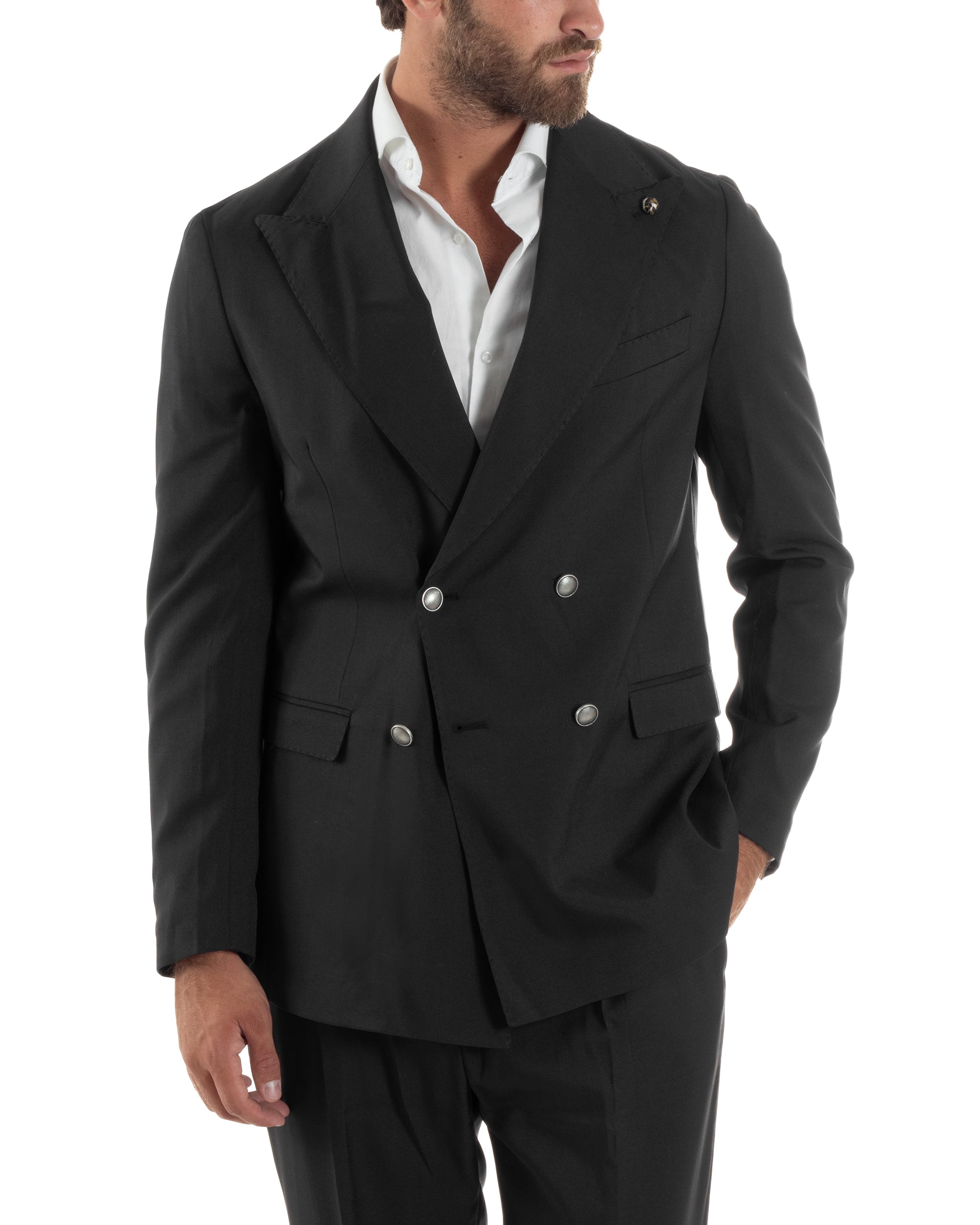 Abito Uomo Doppiopetto Bottoni In Metallo Completo Sartoriale Vestito Elegante Giacca Rever A Lancia Pantaloni Con Pinces Casual Nero GIOSAL-AE1138A