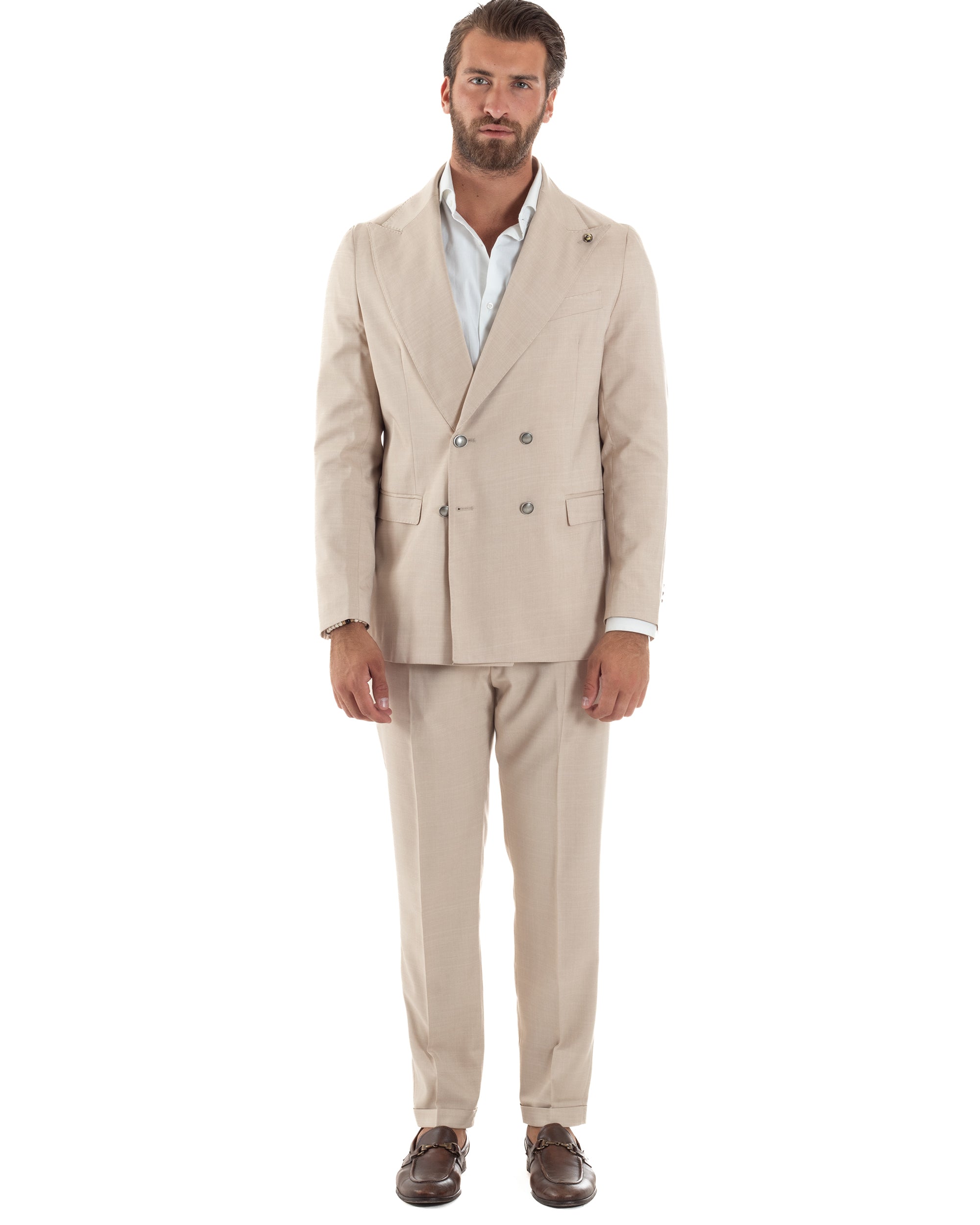 Abito Uomo Doppiopetto Bottoni In Metallo Completo Sartoriale Vestito Elegante Giacca Rever A Lancia Pantaloni Con Pinces Casual Beige GIOSAL-AE1139A