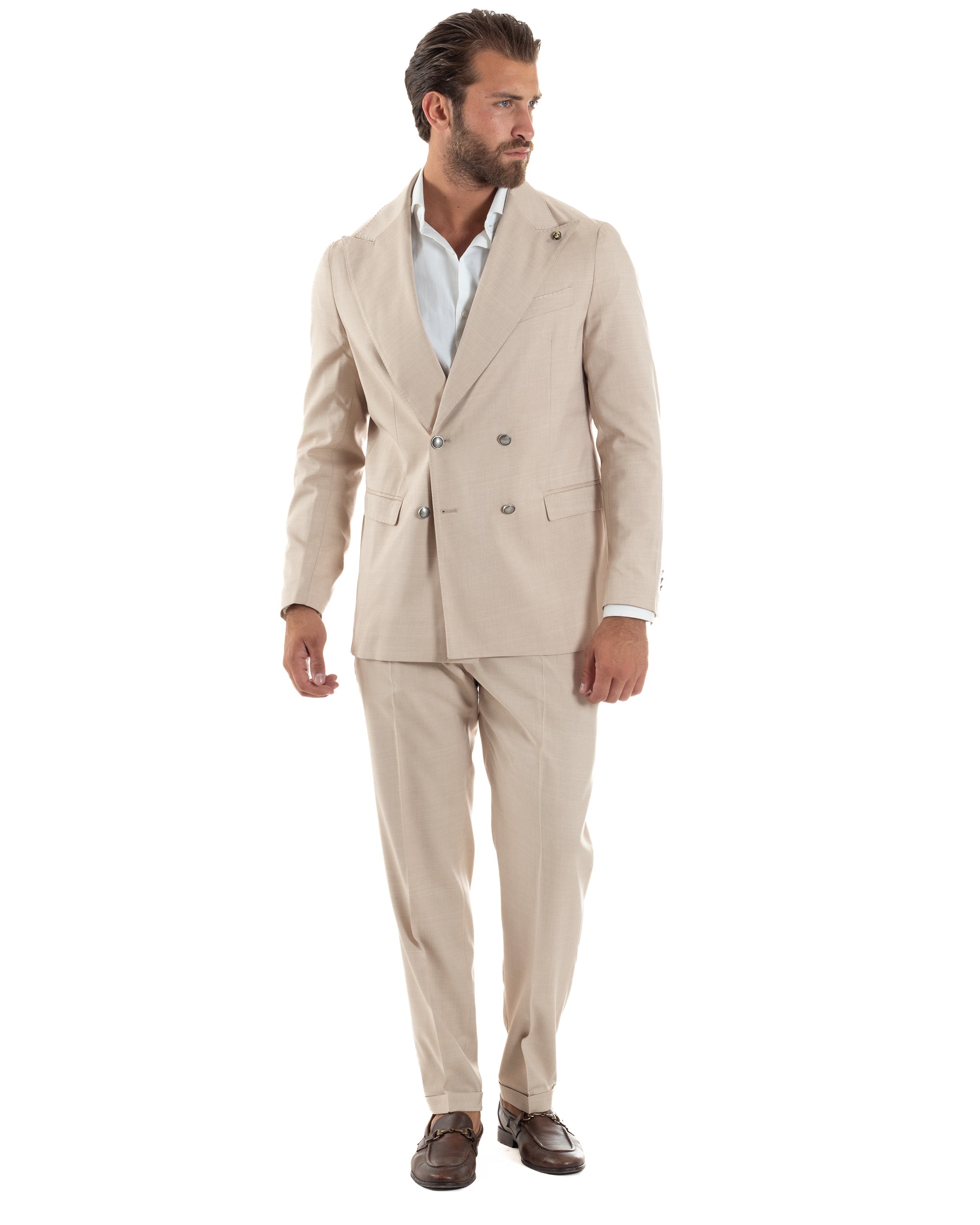 Abito Uomo Doppiopetto Bottoni In Metallo Completo Sartoriale Vestito Elegante Giacca Rever A Lancia Pantaloni Con Pinces Casual Beige GIOSAL-AE1139A