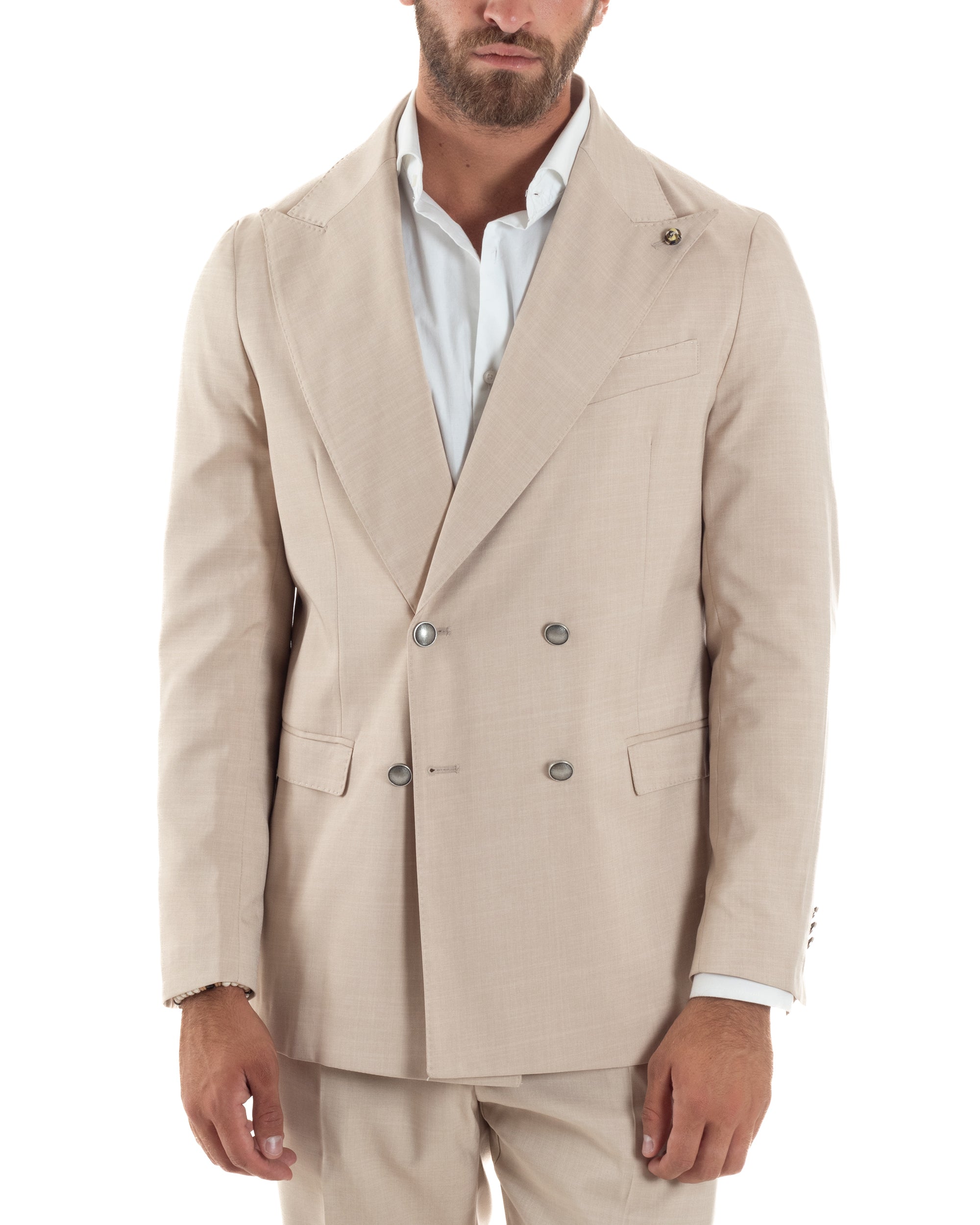 Abito Uomo Doppiopetto Bottoni In Metallo Completo Sartoriale Vestito Elegante Giacca Rever A Lancia Pantaloni Con Pinces Casual Beige GIOSAL-AE1139A