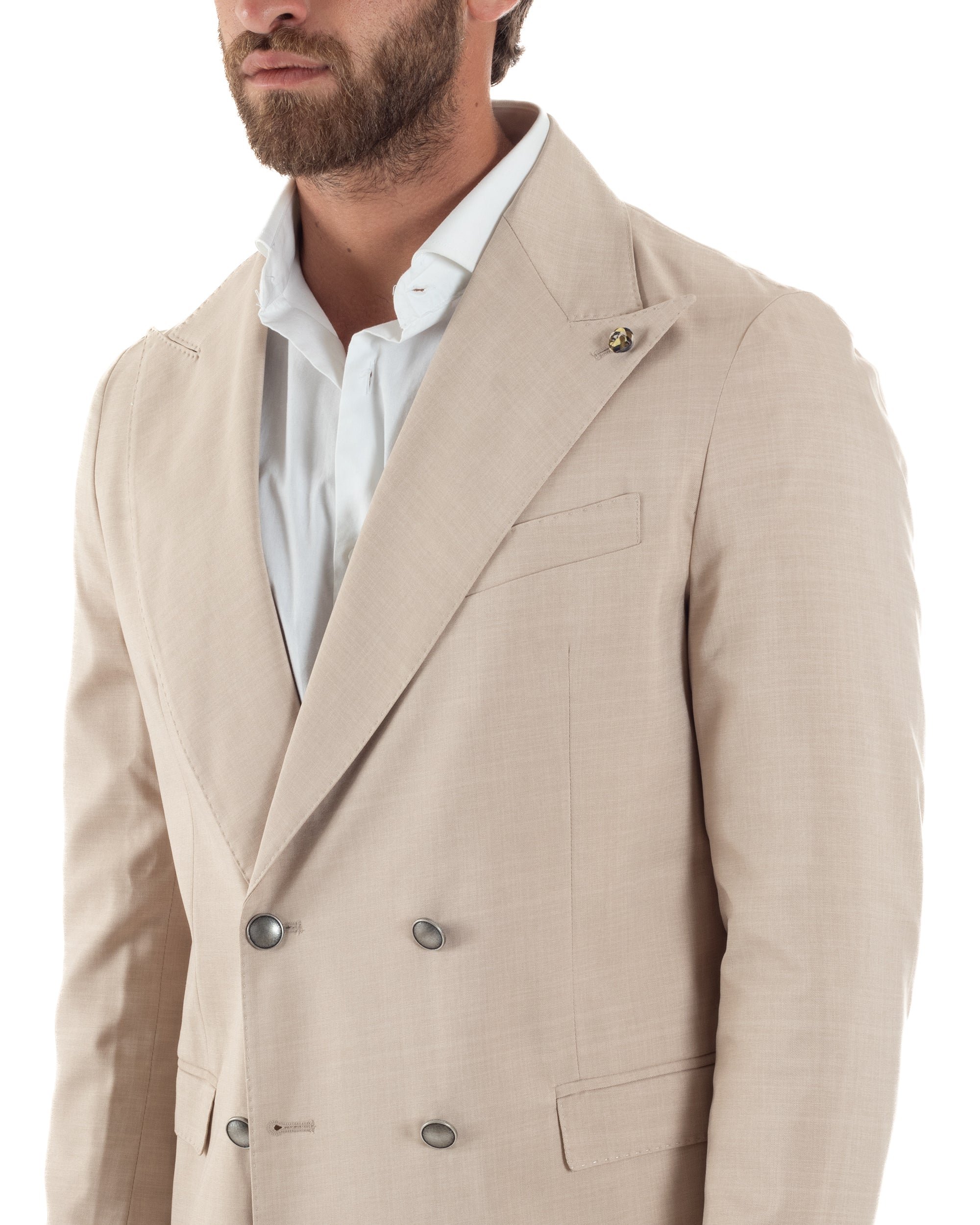 Abito Uomo Doppiopetto Bottoni In Metallo Completo Sartoriale Vestito Elegante Giacca Rever A Lancia Pantaloni Con Pinces Casual Beige GIOSAL-AE1139A