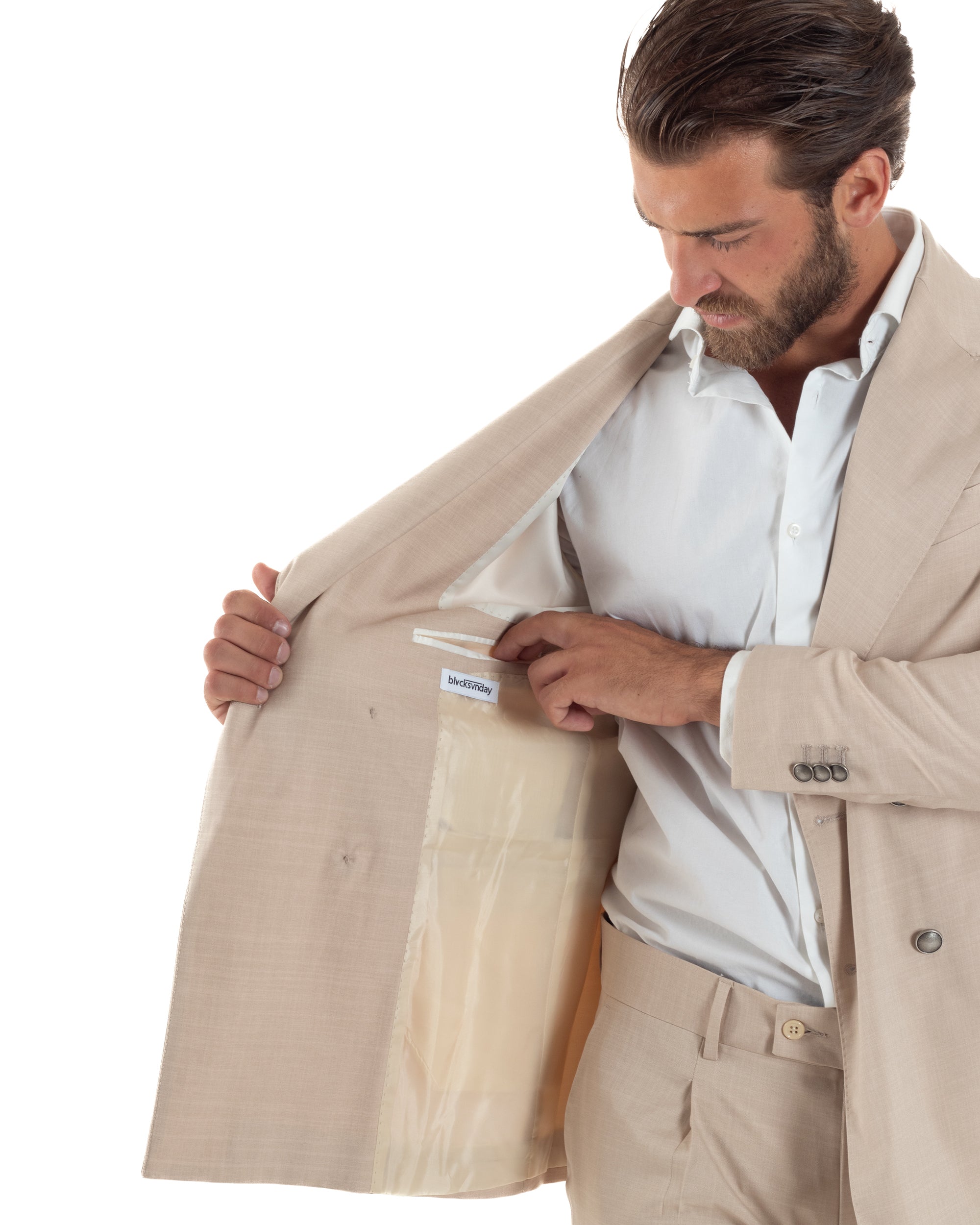 Abito Uomo Doppiopetto Bottoni In Metallo Completo Sartoriale Vestito Elegante Giacca Rever A Lancia Pantaloni Con Pinces Casual Beige GIOSAL-AE1139A