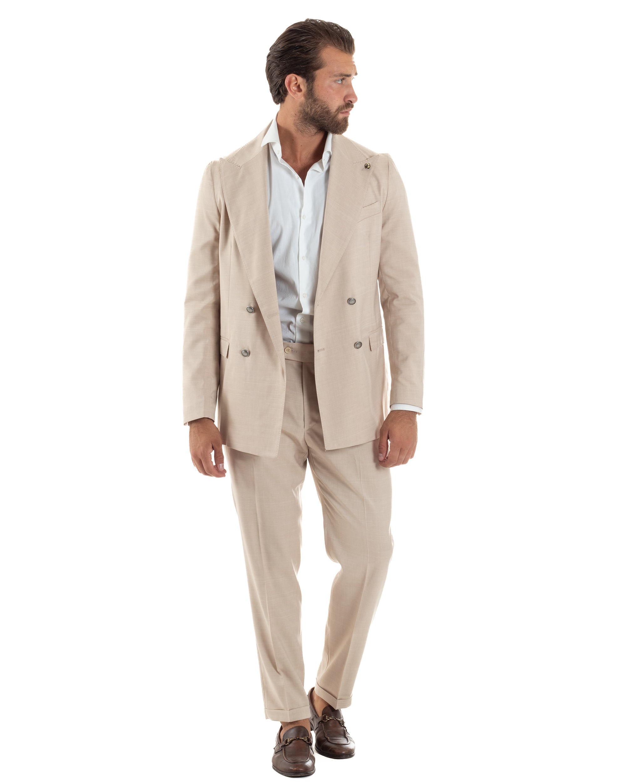 Abito Uomo Doppiopetto Bottoni In Metallo Completo Sartoriale Vestito Elegante Giacca Rever A Lancia Pantaloni Con Pinces Casual Beige GIOSAL-AE1139A