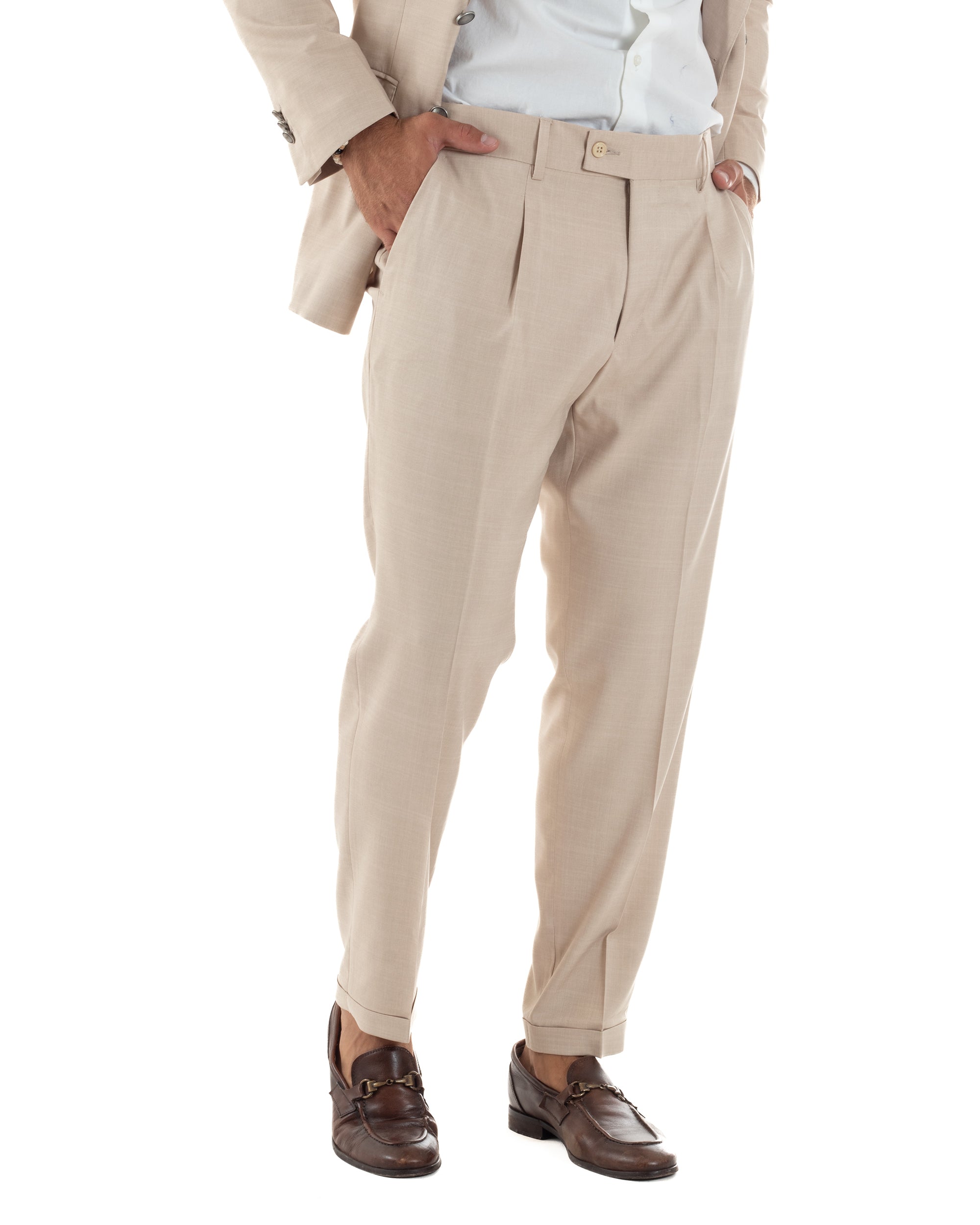 Abito Uomo Doppiopetto Bottoni In Metallo Completo Sartoriale Vestito Elegante Giacca Rever A Lancia Pantaloni Con Pinces Casual Beige GIOSAL-AE1139A