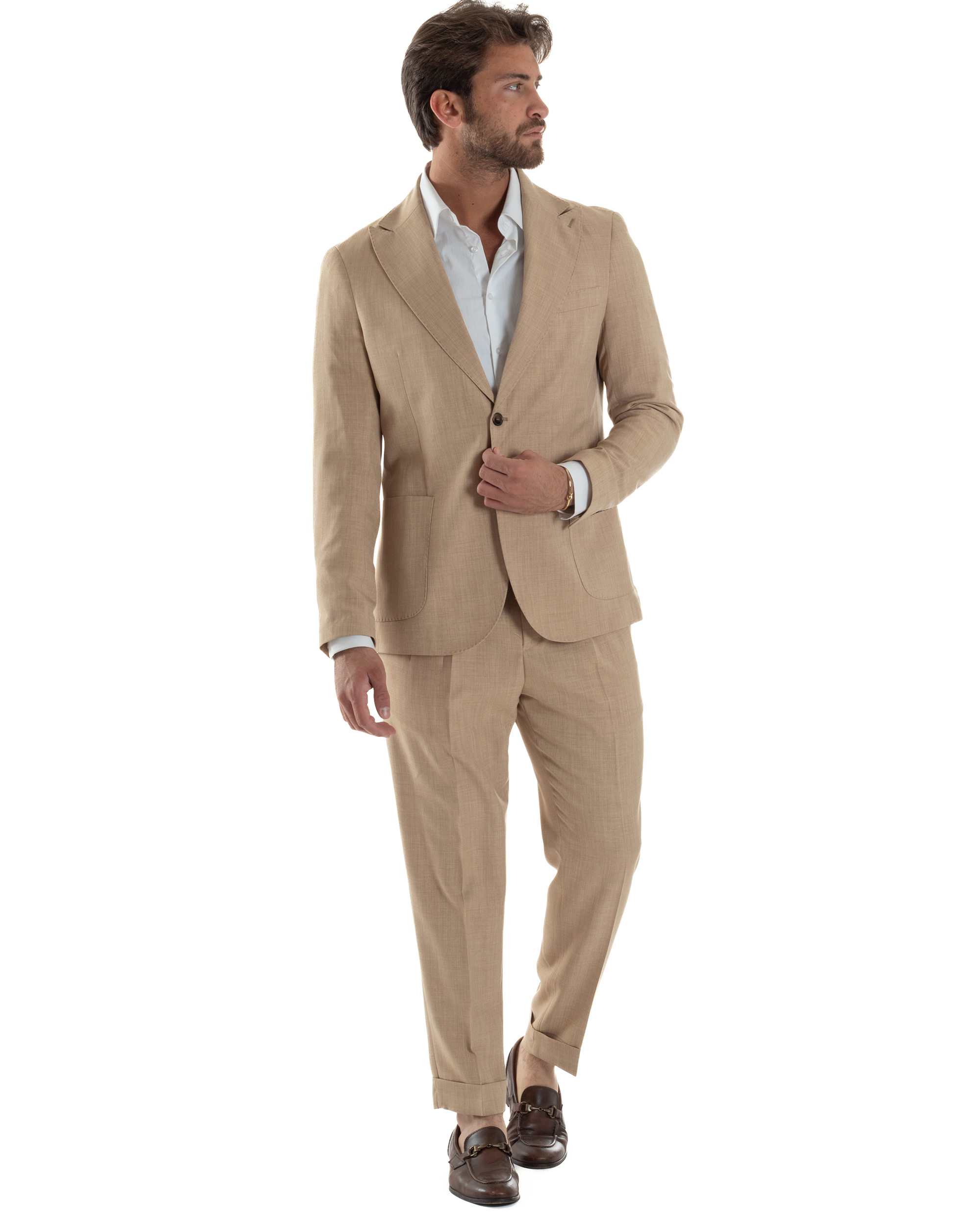 Abito Uomo Monopetto Melangiato Vestito Completo Sartoriale Elegante Giacca Rever A Lancia Pantaloni Gurkha Fibbie Beige GIOSAL-AE1142A