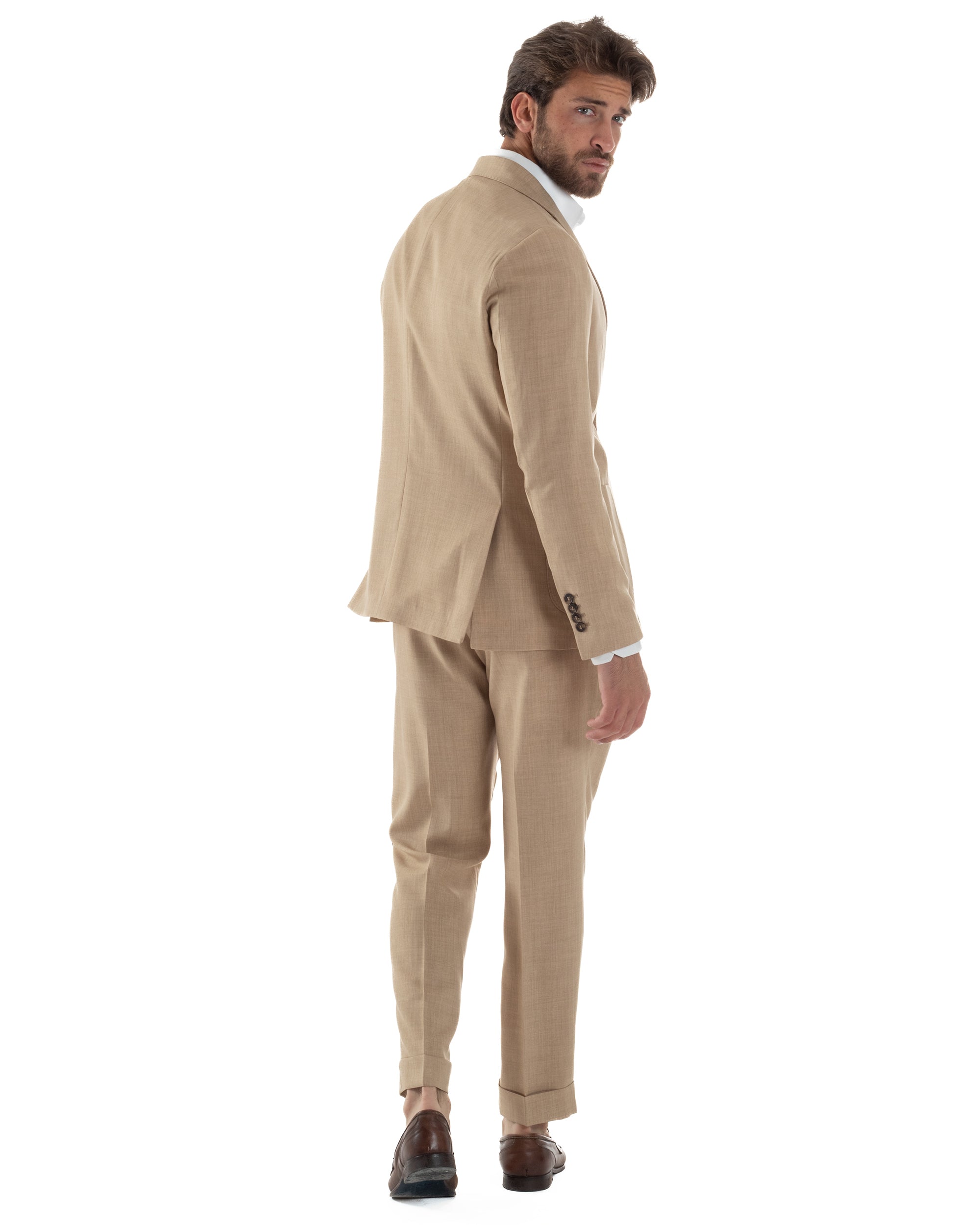 Abito Uomo Monopetto Melangiato Vestito Completo Sartoriale Elegante Giacca Rever A Lancia Pantaloni Gurkha Fibbie Beige GIOSAL-AE1142A