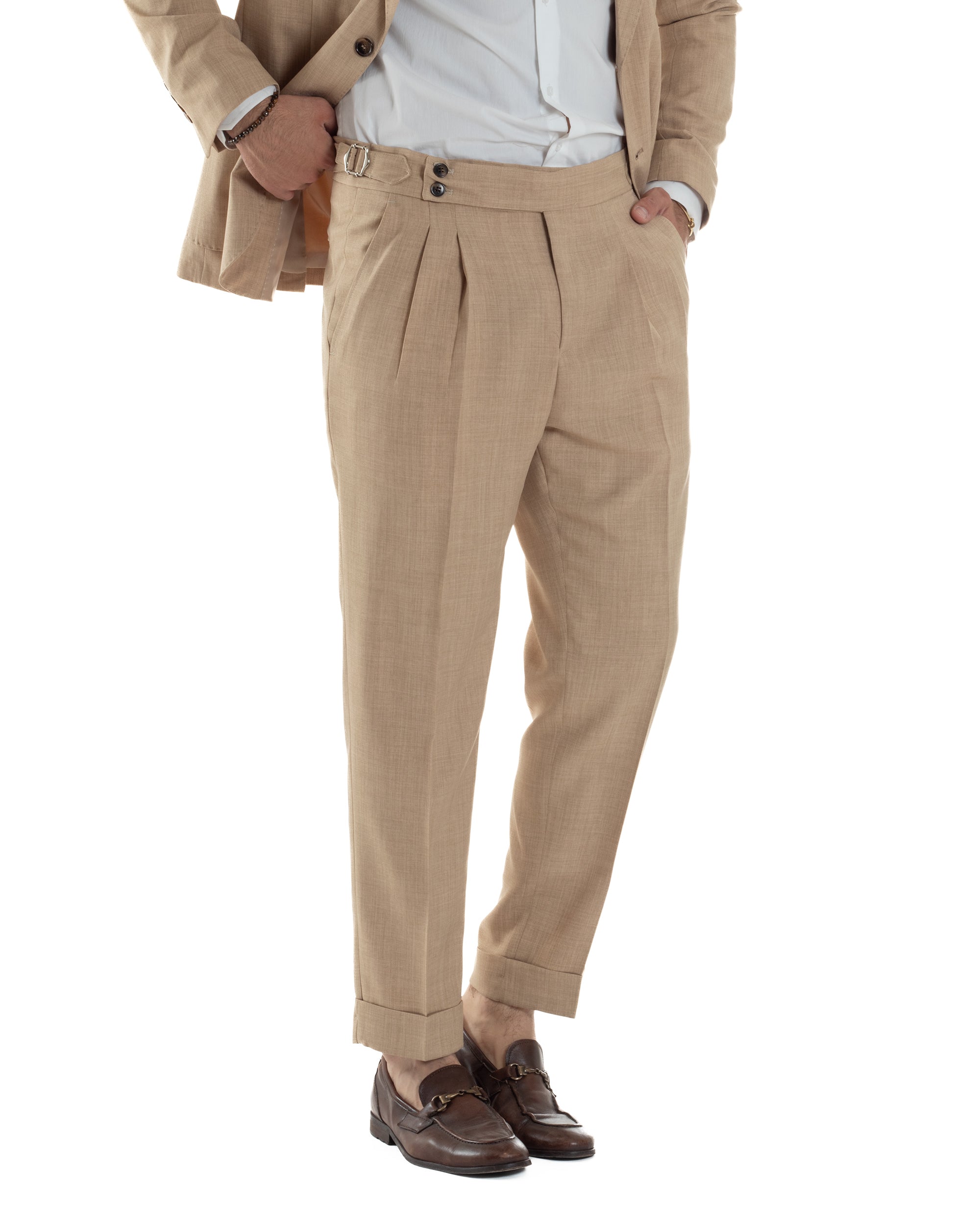 Abito Uomo Monopetto Melangiato Vestito Completo Sartoriale Elegante Giacca Rever A Lancia Pantaloni Gurkha Fibbie Beige GIOSAL-AE1142A