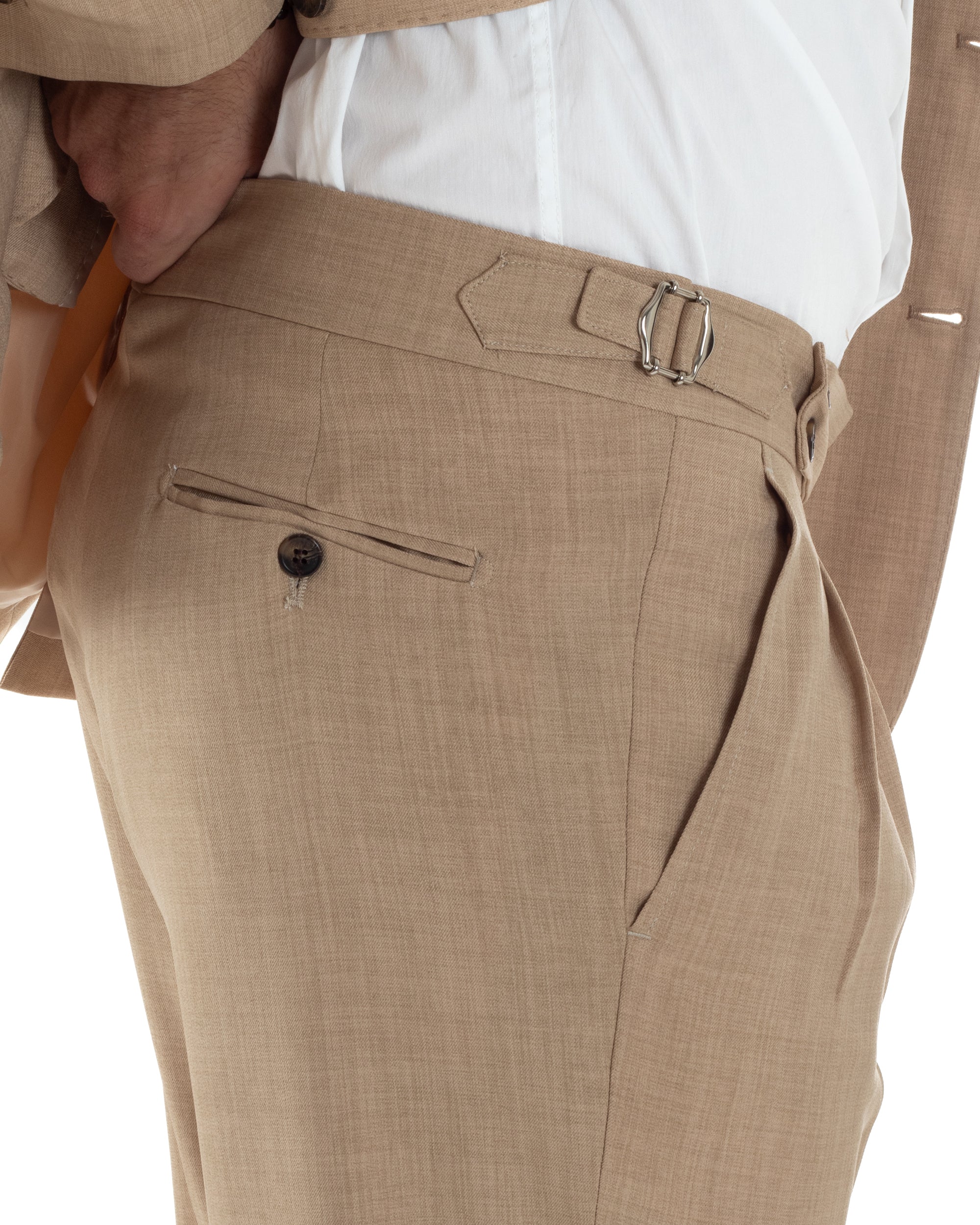 Abito Uomo Monopetto Melangiato Vestito Completo Sartoriale Elegante Giacca Rever A Lancia Pantaloni Gurkha Fibbie Beige GIOSAL-AE1142A