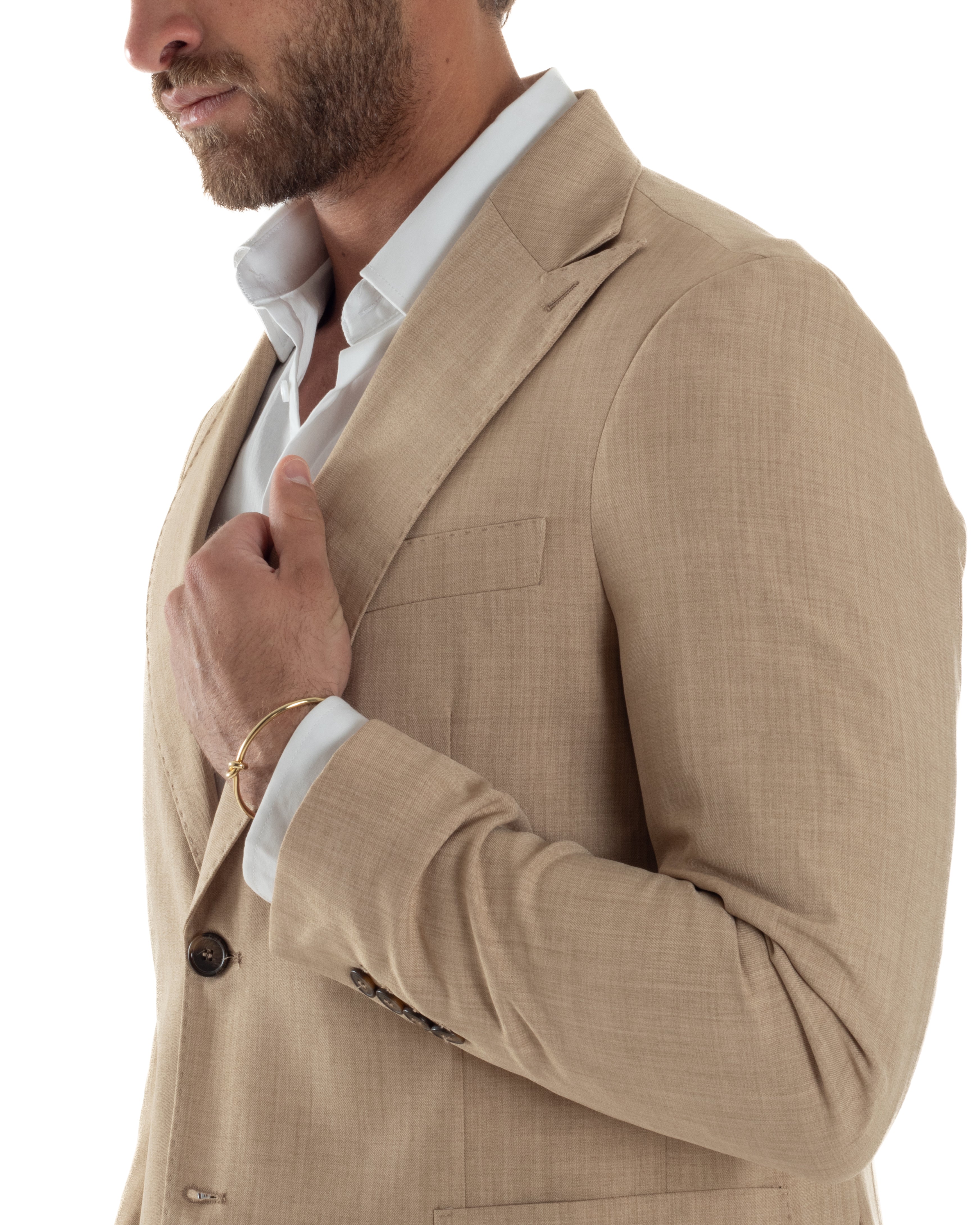 Abito Uomo Monopetto Melangiato Vestito Completo Sartoriale Elegante Giacca Rever A Lancia Pantaloni Gurkha Fibbie Beige GIOSAL-AE1142A