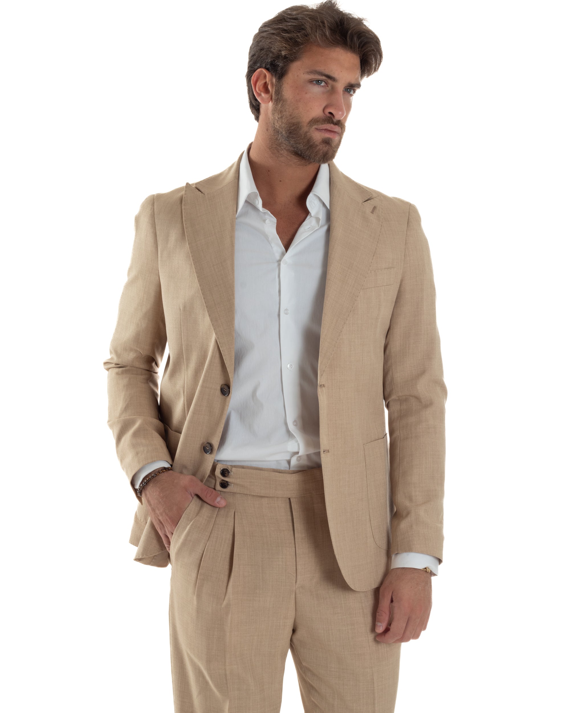 Abito Uomo Monopetto Melangiato Vestito Completo Sartoriale Elegante Giacca Rever A Lancia Pantaloni Gurkha Fibbie Beige GIOSAL-AE1142A