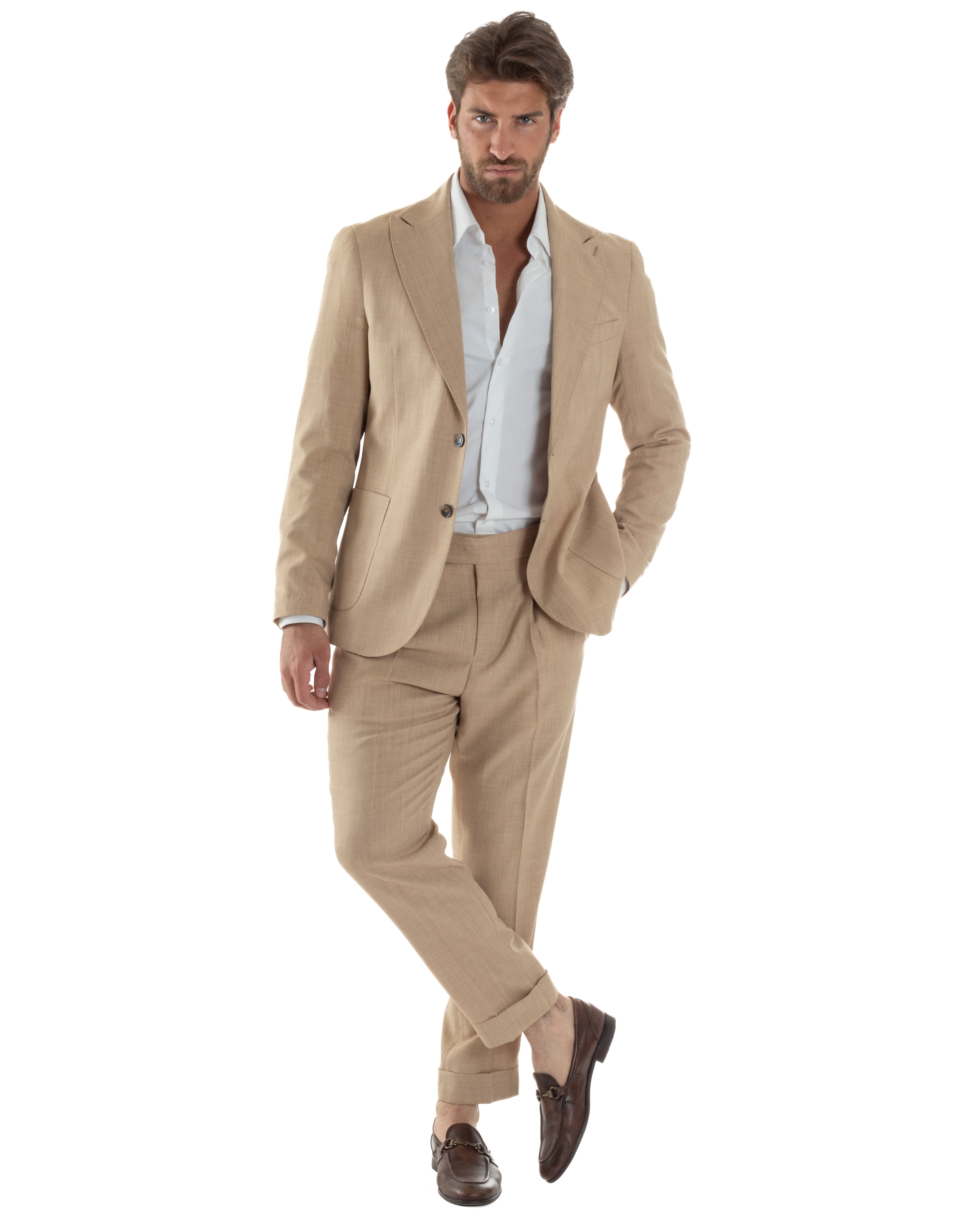 Abito Uomo Monopetto Melangiato Vestito Completo Sartoriale Elegante Giacca Rever A Lancia Pantaloni Gurkha Fibbie Beige GIOSAL-AE1142A