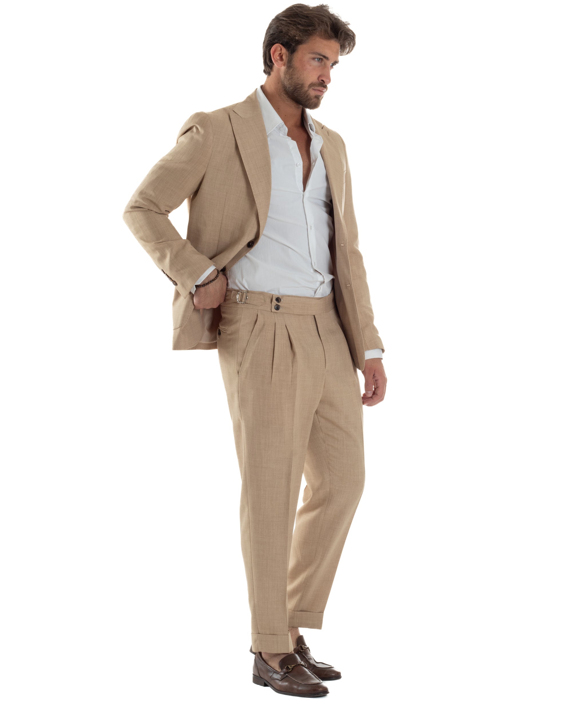 Abito Uomo Monopetto Melangiato Vestito Completo Sartoriale Elegante Giacca Rever A Lancia Pantaloni Gurkha Fibbie Beige GIOSAL-AE1142A