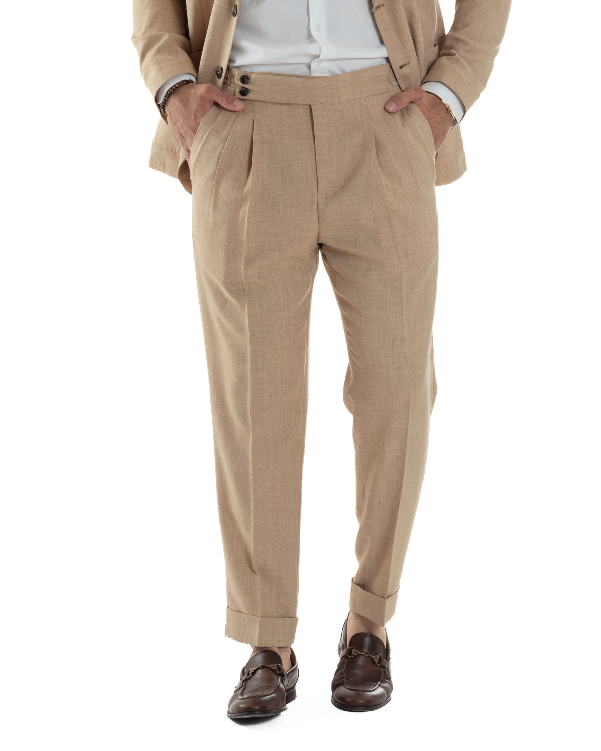 Abito Uomo Monopetto Melangiato Vestito Completo Sartoriale Elegante Giacca Rever A Lancia Pantaloni Gurkha Fibbie Beige GIOSAL-AE1142A