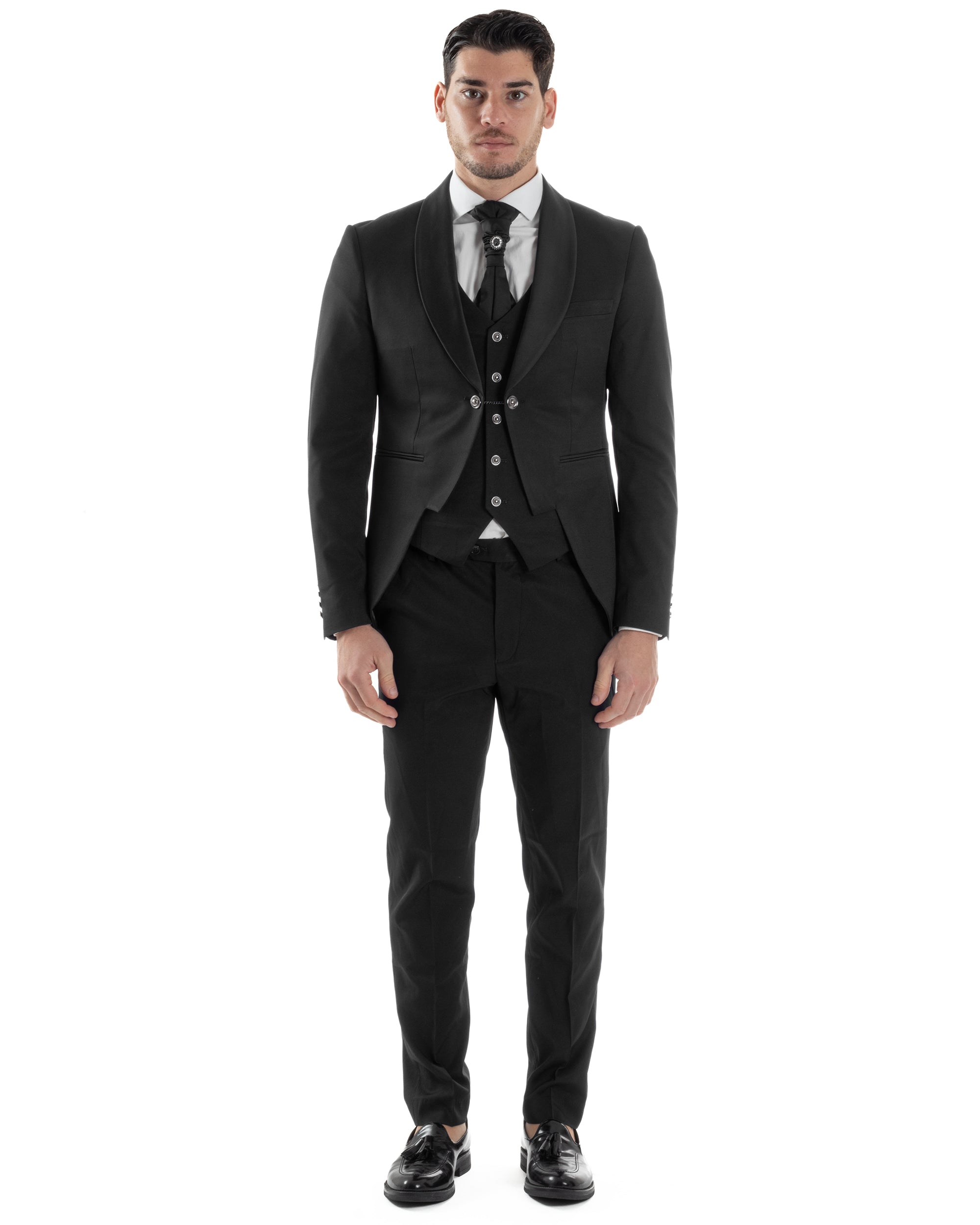 Abito Uomo Monopetto Cerimonia Rever Raso Lucido Vestito 3 Pezzi Completo Sposo Giacca Pantaloni Panciotto Plastron Elegante Sartoriale Nero GIOSAL-AE1143A