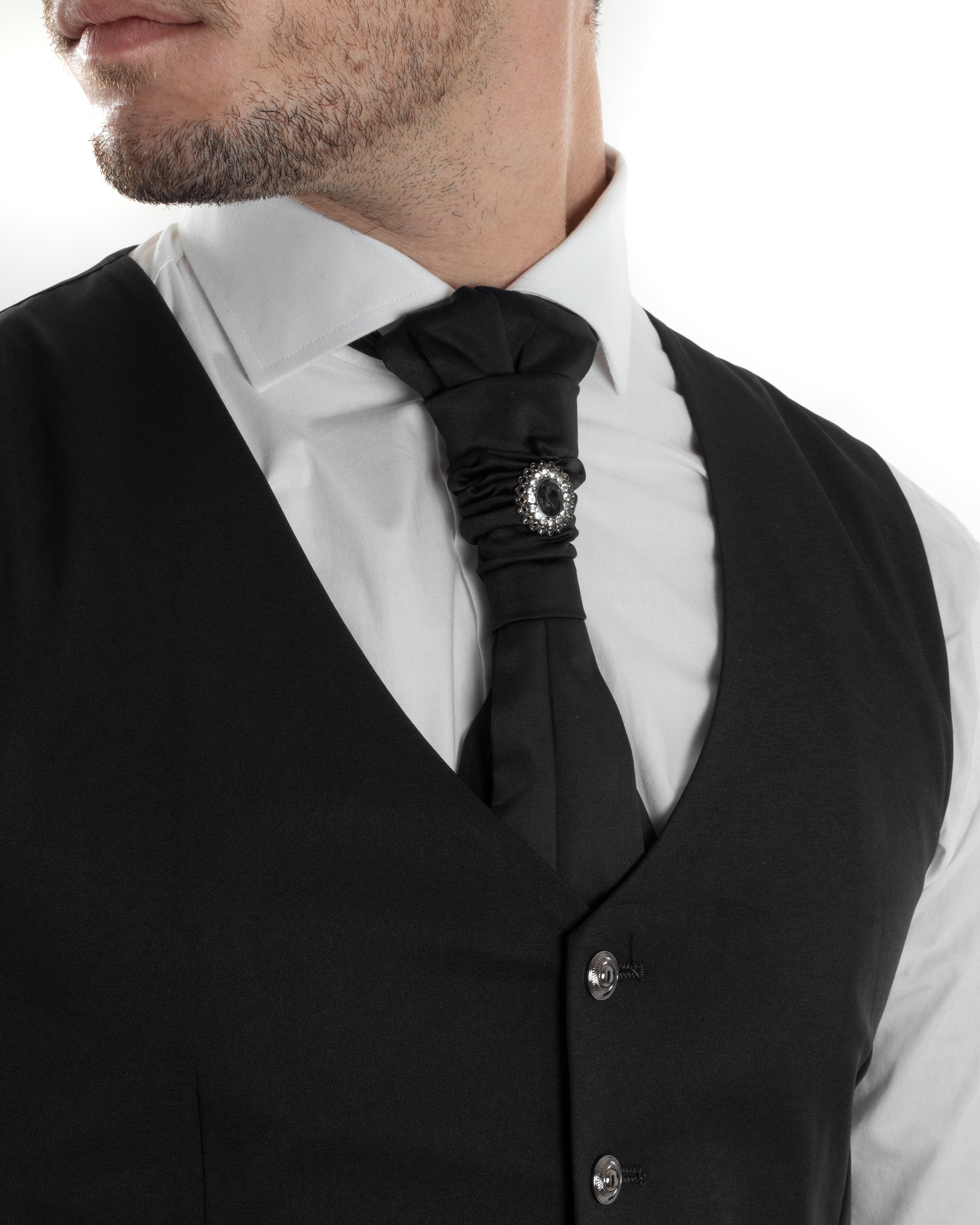 Abito Uomo Monopetto Cerimonia Rever Raso Lucido Vestito 3 Pezzi Completo Sposo Giacca Pantaloni Panciotto Plastron Elegante Sartoriale Nero GIOSAL-AE1143A