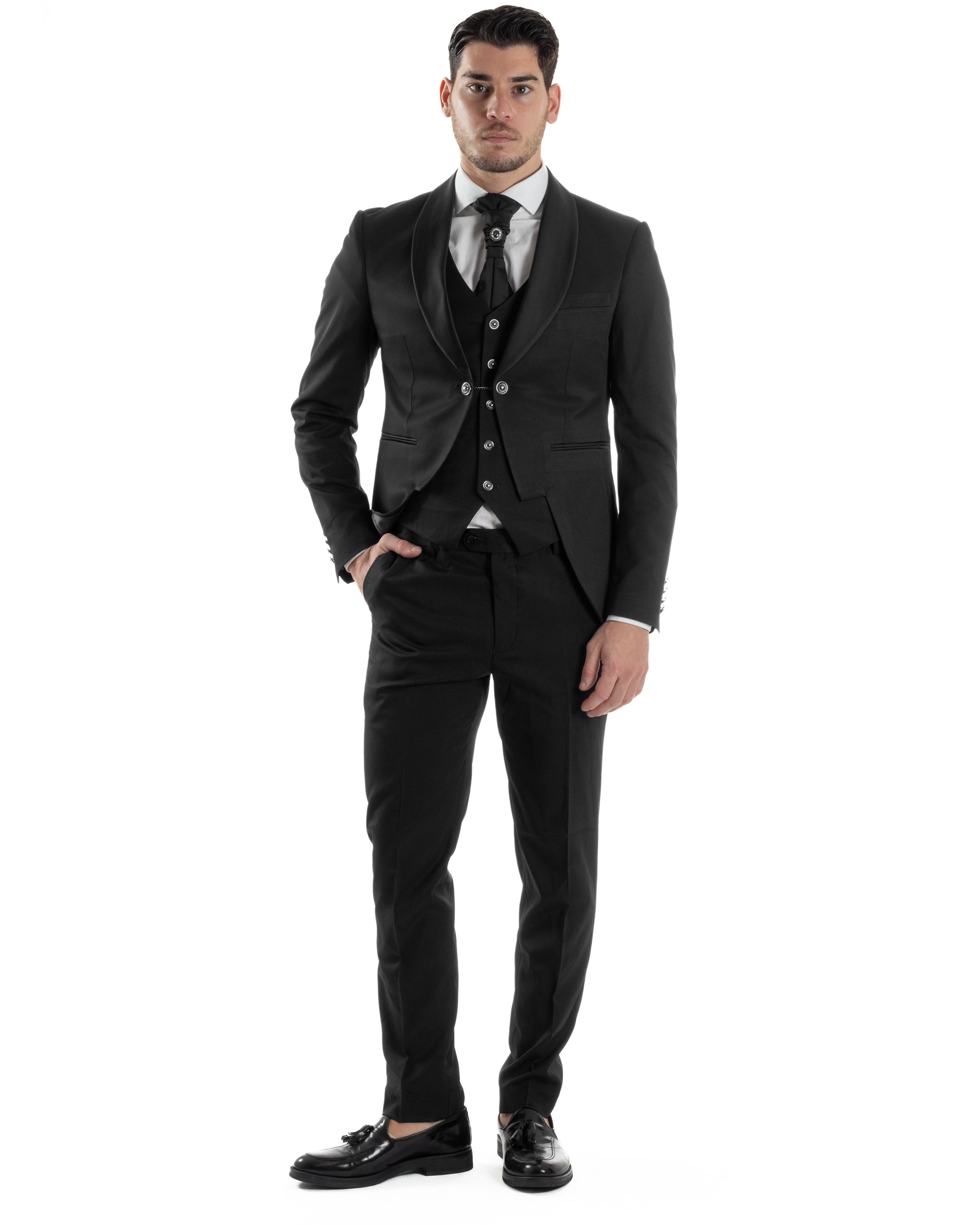 Abito Uomo Monopetto Cerimonia Rever Raso Lucido Vestito 3 Pezzi Completo Sposo Giacca Pantaloni Panciotto Plastron Elegante Sartoriale Nero GIOSAL-AE1143A