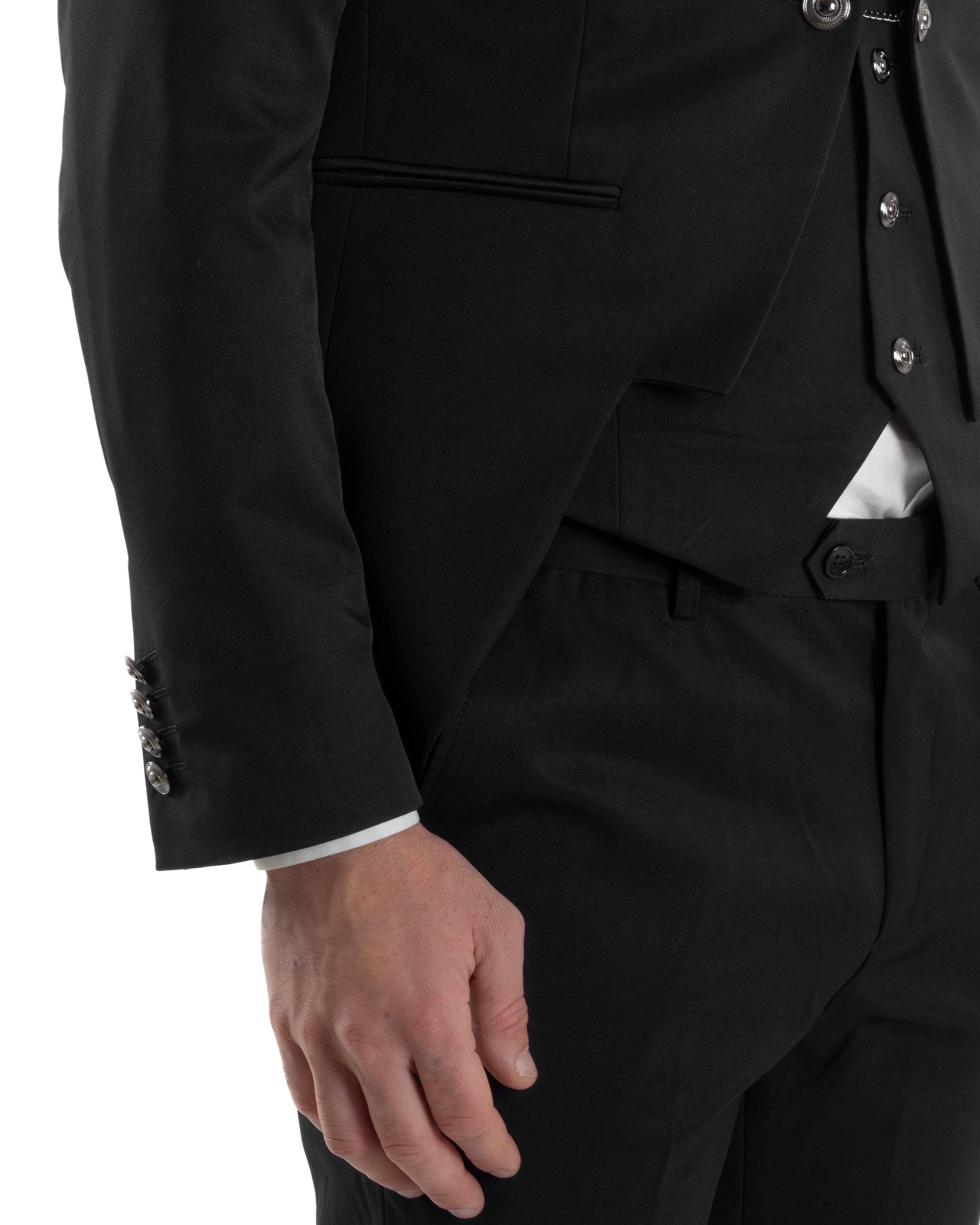 Abito Uomo Monopetto Cerimonia Rever Raso Lucido Vestito 3 Pezzi Completo Sposo Giacca Pantaloni Panciotto Plastron Elegante Sartoriale Nero GIOSAL-AE1143A