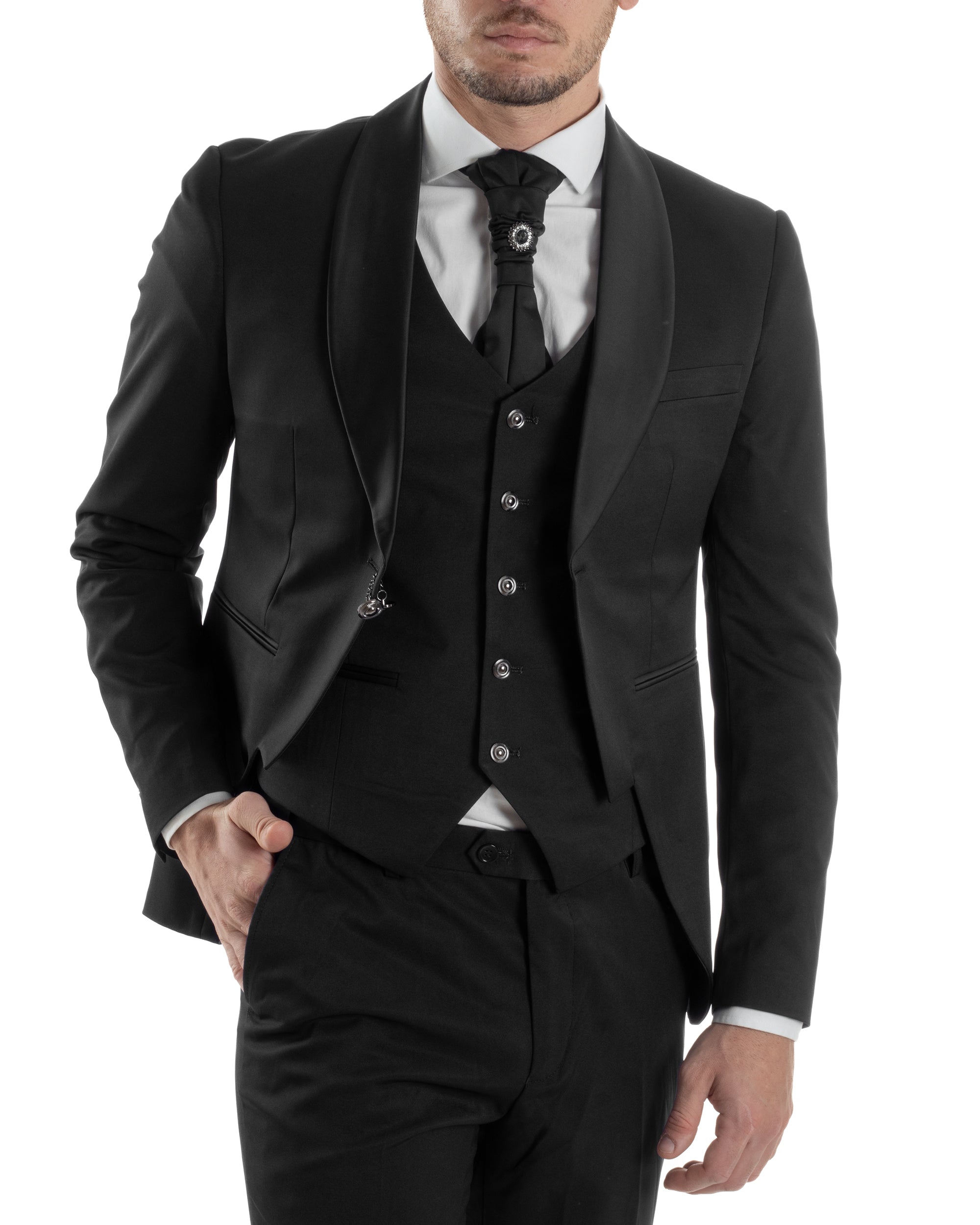 Abito Uomo Monopetto Cerimonia Rever Raso Lucido Vestito 3 Pezzi Panciotto Completo Sposo Panciotto Plastron Nero AE1143A