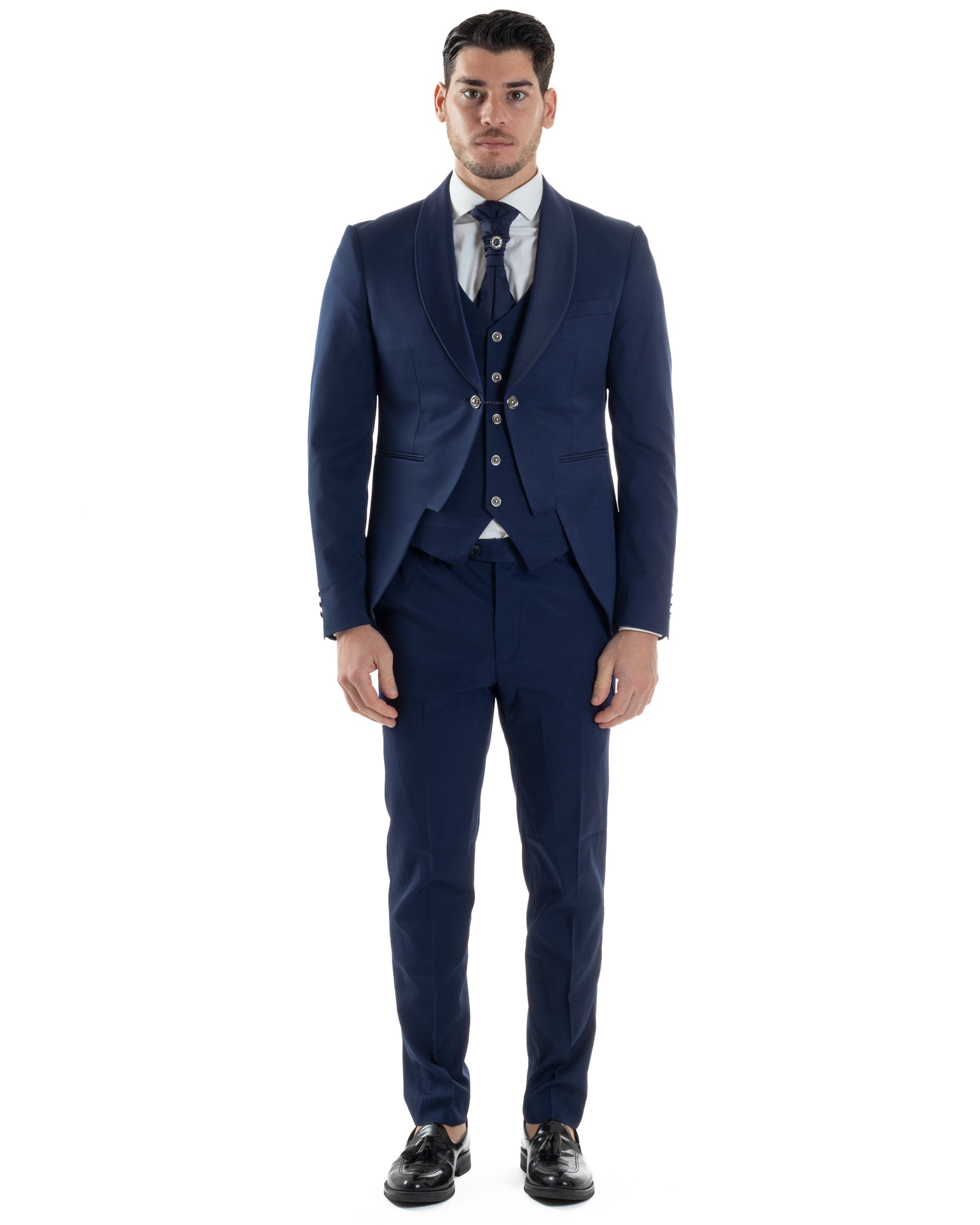 Abito Uomo Monopetto Cerimonia Rever Raso Lucido Vestito 3 Pezzi Completo Sposo Giacca Pantaloni Panciotto Plastron Elegante Sartoriale Blu GIOSAL-AE1144A
