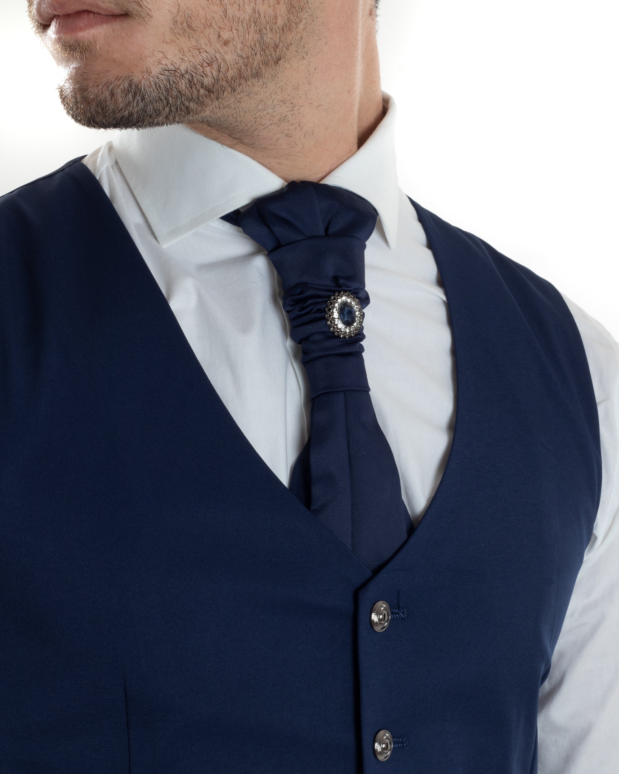 Abito Uomo Monopetto Cerimonia Rever Raso Lucido Vestito 3 Pezzi Completo Sposo Giacca Pantaloni Panciotto Plastron Elegante Sartoriale Blu GIOSAL-AE1144A