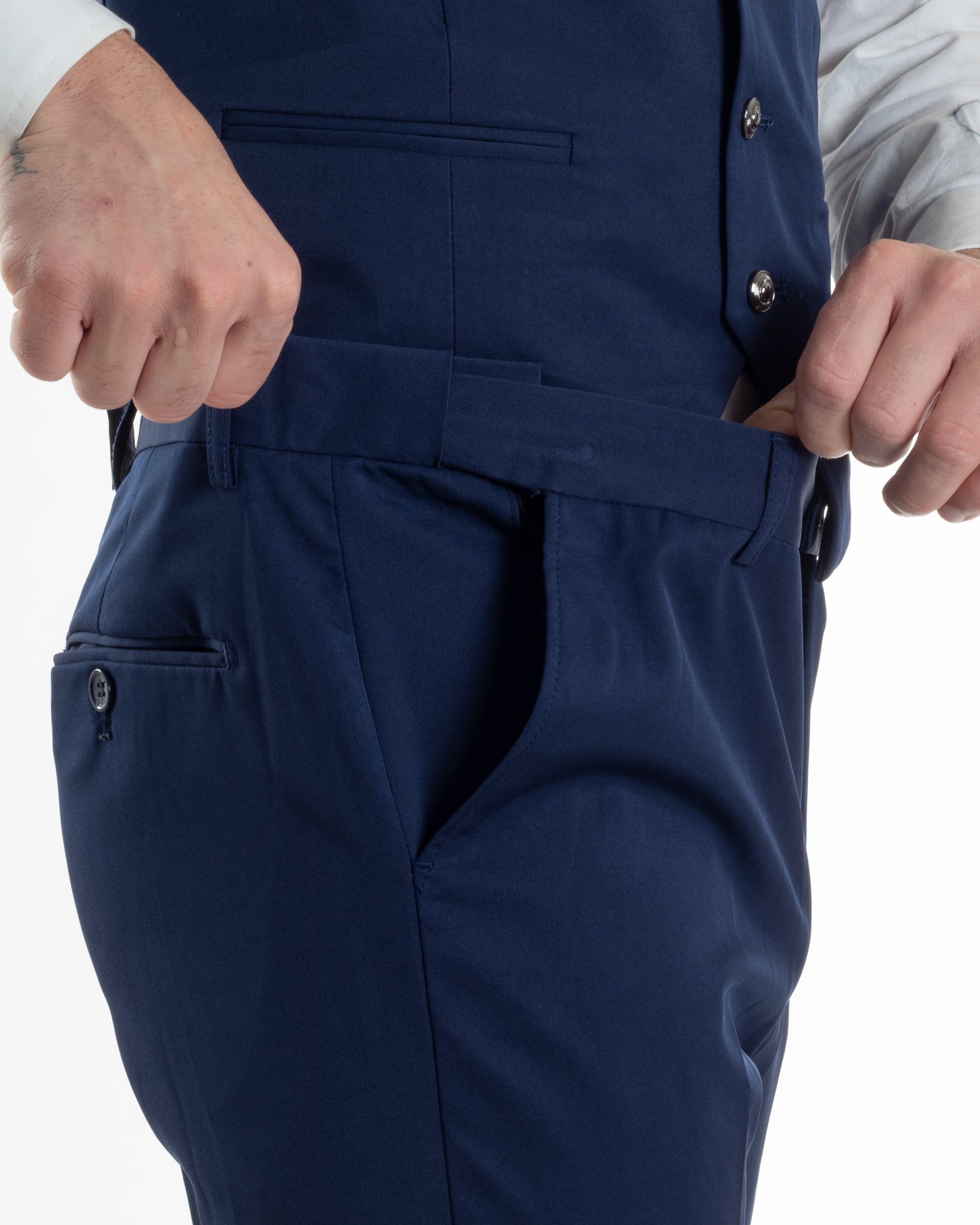 Abito Uomo Monopetto Cerimonia Rever Raso Lucido Vestito 3 Pezzi Panciotto Completo Sposo Panciotto Plastron Blu AE1144A