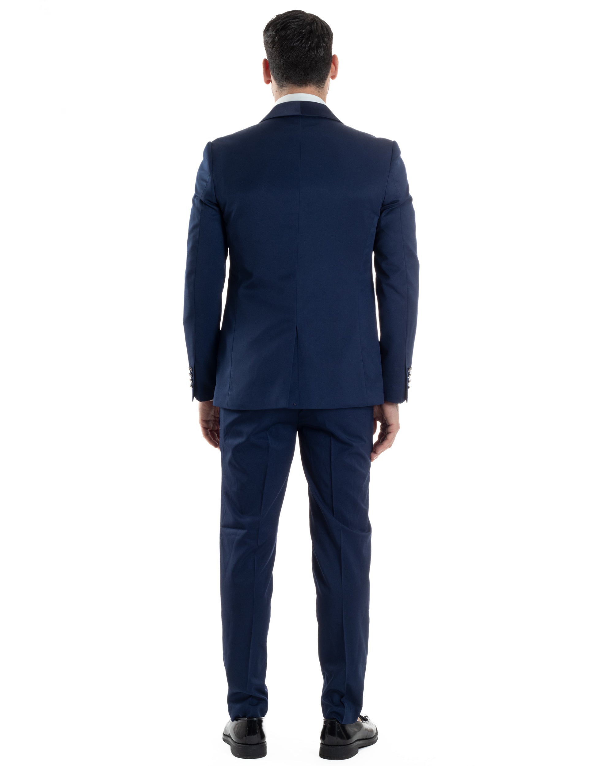 Abito Uomo Monopetto Cerimonia Rever Raso Lucido Vestito 3 Pezzi Completo Sposo Giacca Pantaloni Panciotto Plastron Elegante Sartoriale Blu GIOSAL-AE1144A