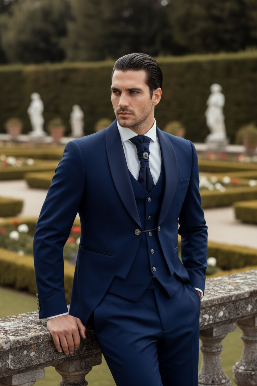 Abito Uomo Monopetto Cerimonia Rever Raso Lucido Vestito 3 Pezzi Panciotto Completo Sposo Panciotto Plastron Blu AE1144A