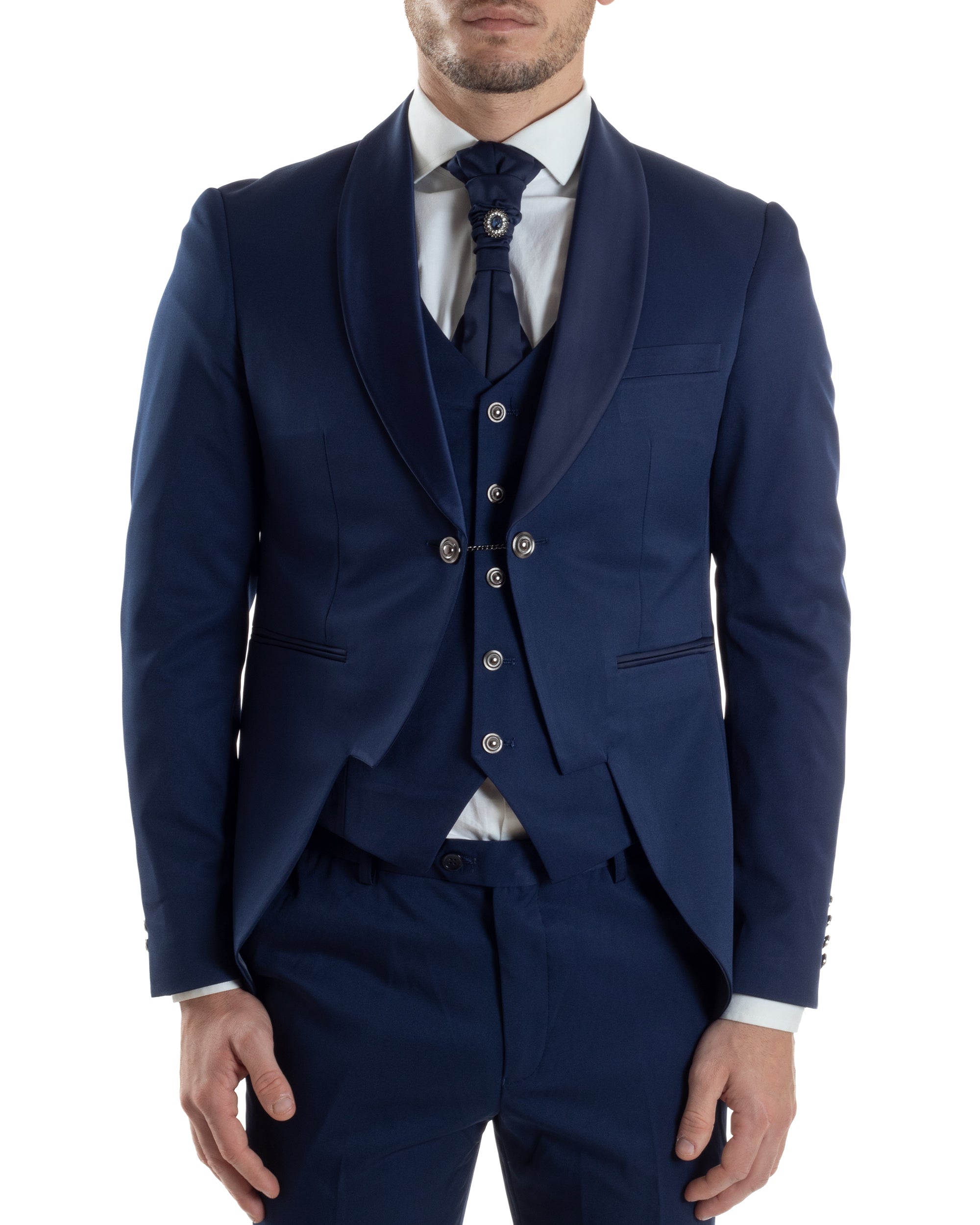 Abito Uomo Monopetto Cerimonia Rever Raso Lucido Vestito 3 Pezzi Completo Sposo Giacca Pantaloni Panciotto Plastron Elegante Sartoriale Blu GIOSAL-AE1144A