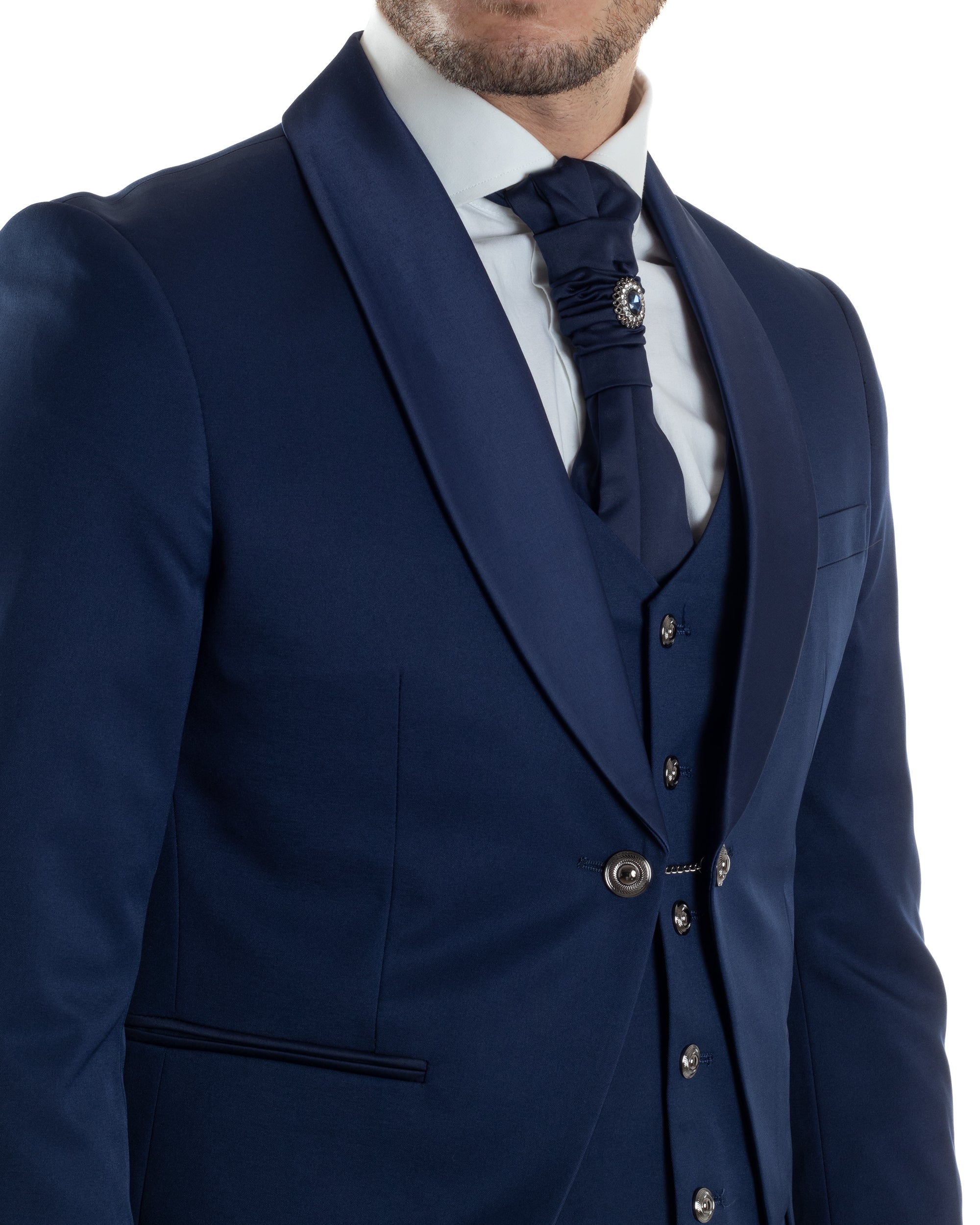 Abito Uomo Monopetto Cerimonia Rever Raso Lucido Vestito 3 Pezzi Completo Sposo Giacca Pantaloni Panciotto Plastron Elegante Sartoriale Blu GIOSAL-AE1144A