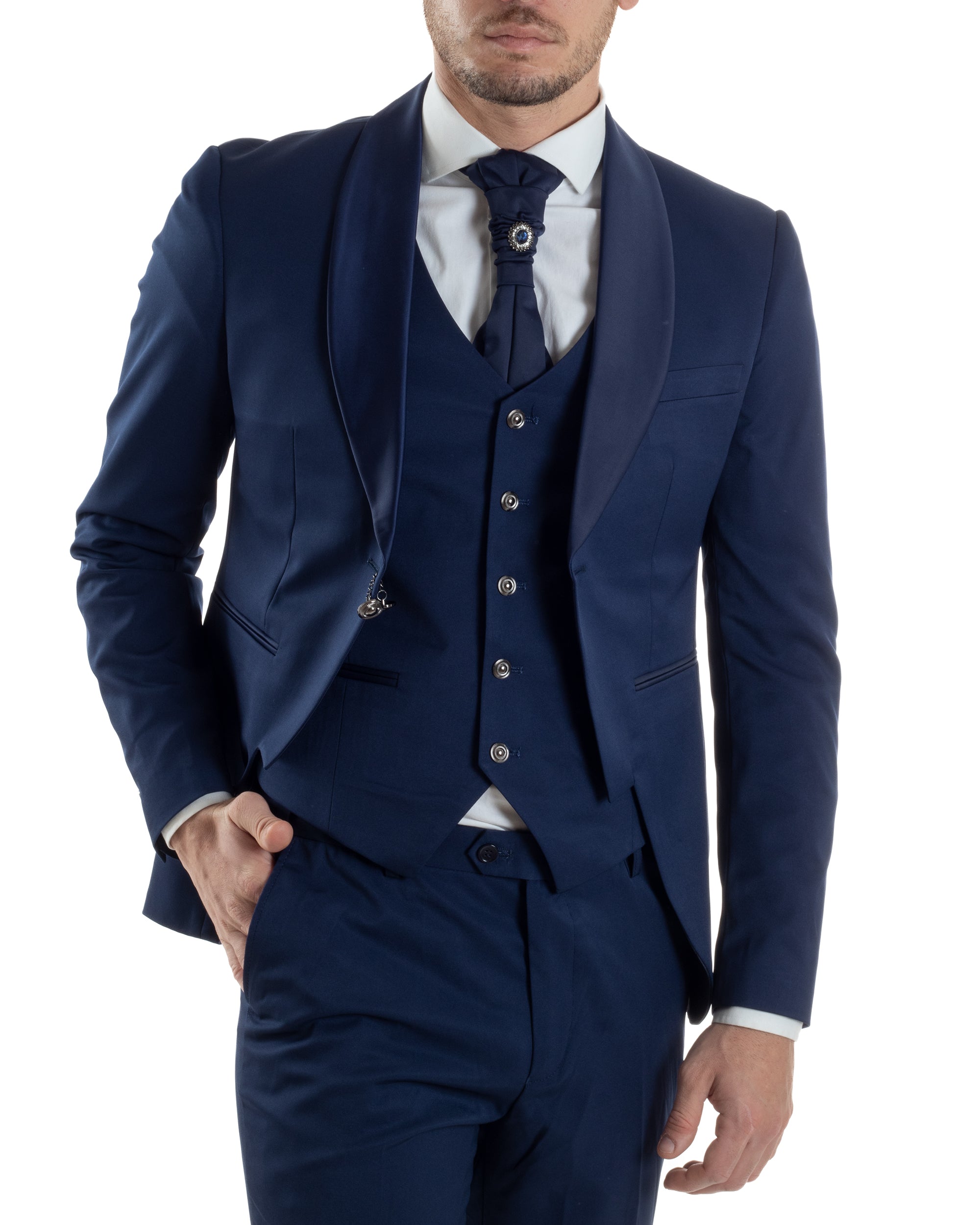 Abito Uomo Monopetto Cerimonia Rever Raso Lucido Vestito 3 Pezzi Panciotto Completo Sposo Panciotto Plastron Blu AE1144A