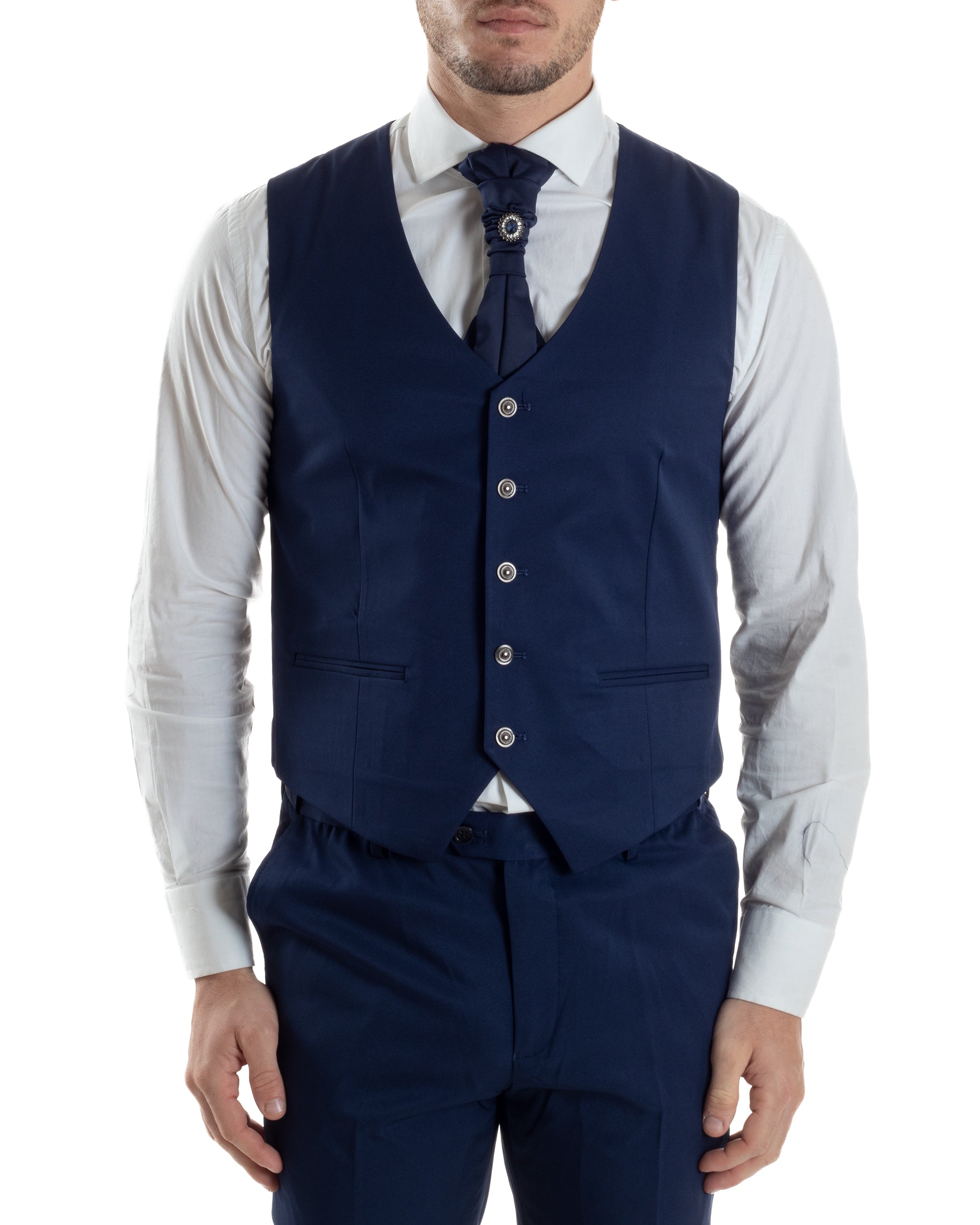 Abito Uomo Monopetto Cerimonia Rever Raso Lucido Vestito 3 Pezzi Completo Sposo Giacca Pantaloni Panciotto Plastron Elegante Sartoriale Blu GIOSAL-AE1144A