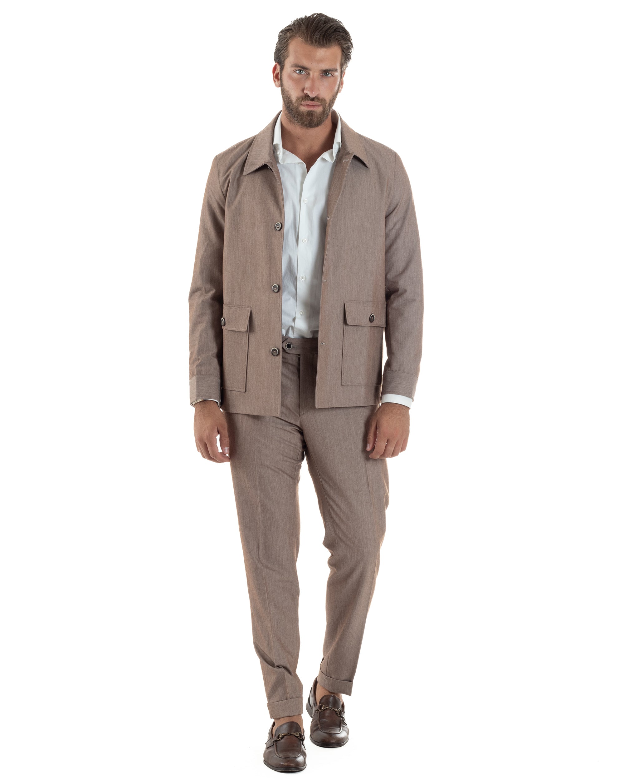 Abito Uomo Completo Giacca Con Colletto Sahariana Pantaloni Abbottonatura Allungata Casual Elegante Regular Fit Tortora GIOSAL-AE1145A