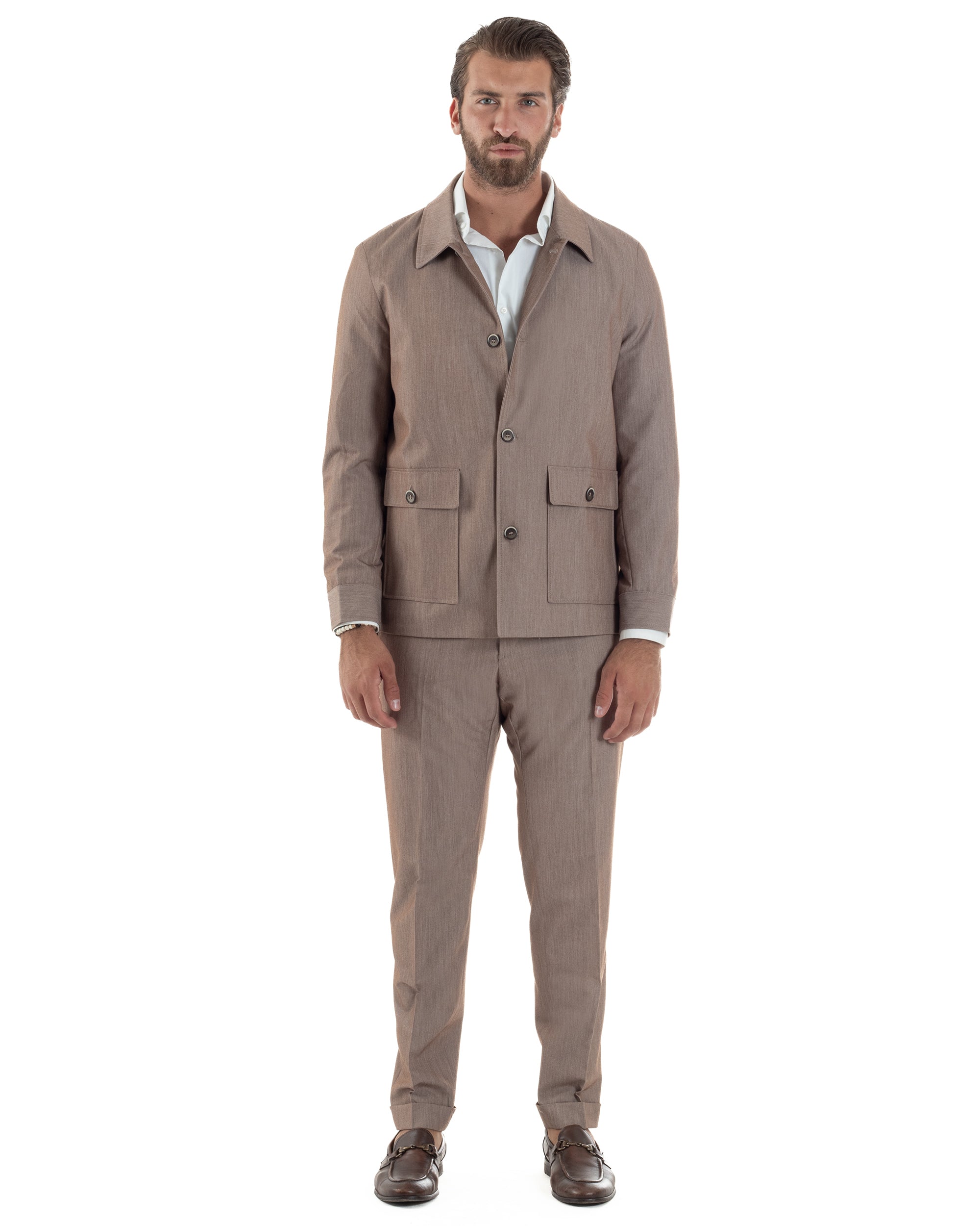 Abito Uomo Completo Giacca Con Colletto Sahariana Pantaloni Abbottonatura Allungata Casual Elegante Regular Fit Tortora GIOSAL-AE1145A